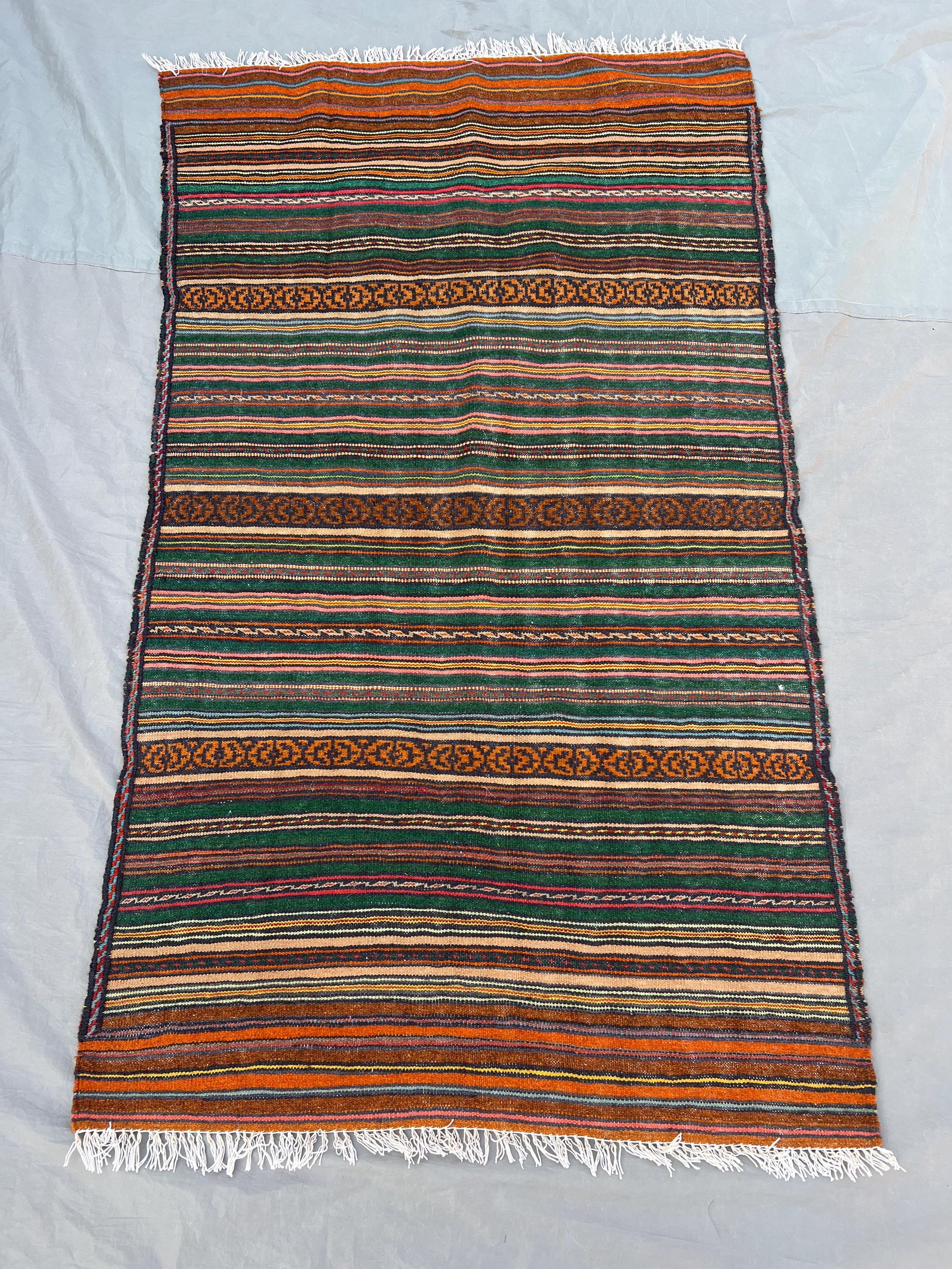 2'11x4'11 ft Vintage Afghan Rug, Handwoven Wool, Colorful Stripes with Geometric Border, Flat Weave, Handknotted, Ideal for Living Room