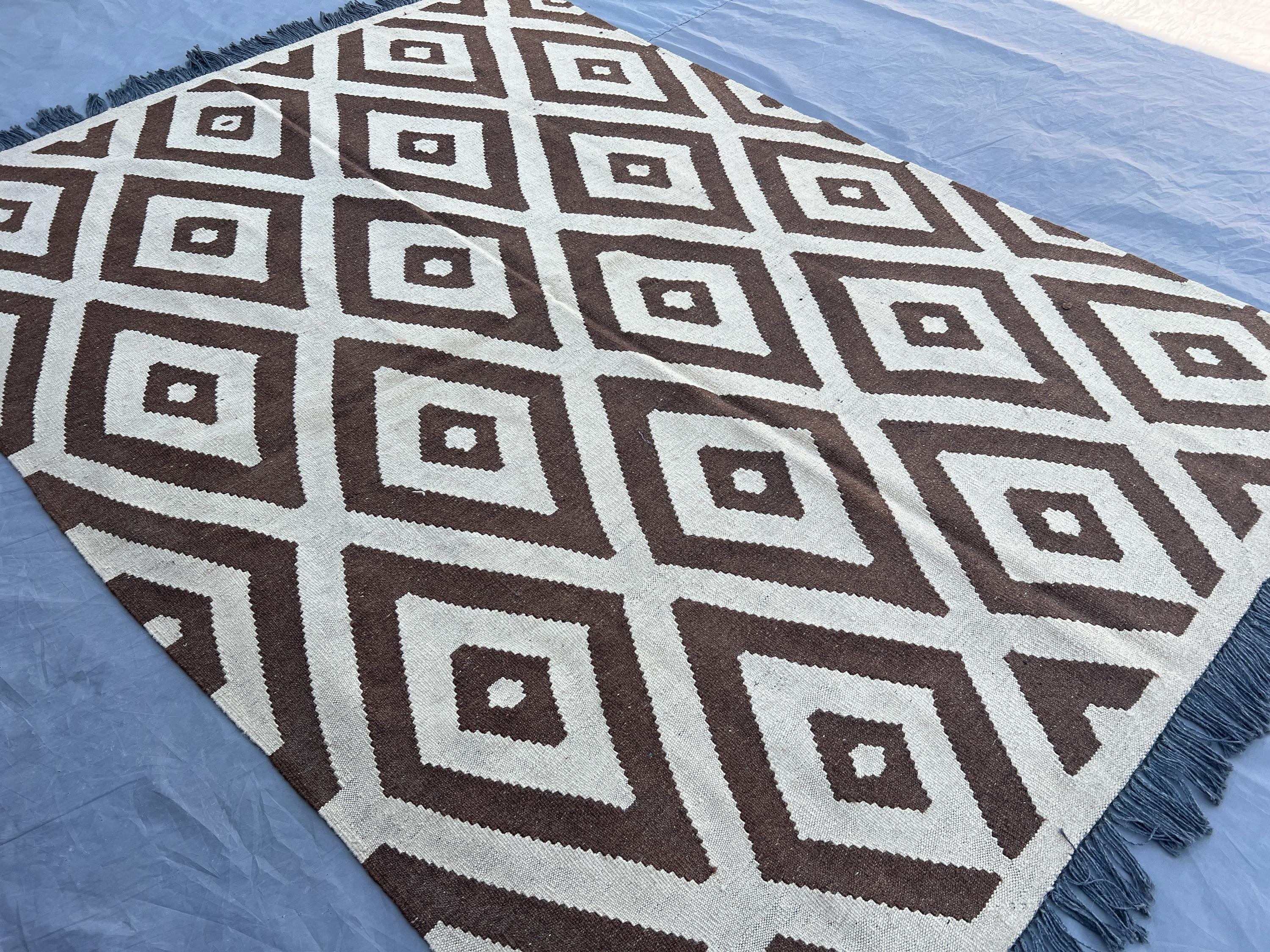 5x7 Afghan Kilim Rug, Modern Flat Weave Wool Rug, Brown Cream Diamond Pattern | Handwoven Geometric Carpet | Neutral Boho Decor, Bedroom Rug