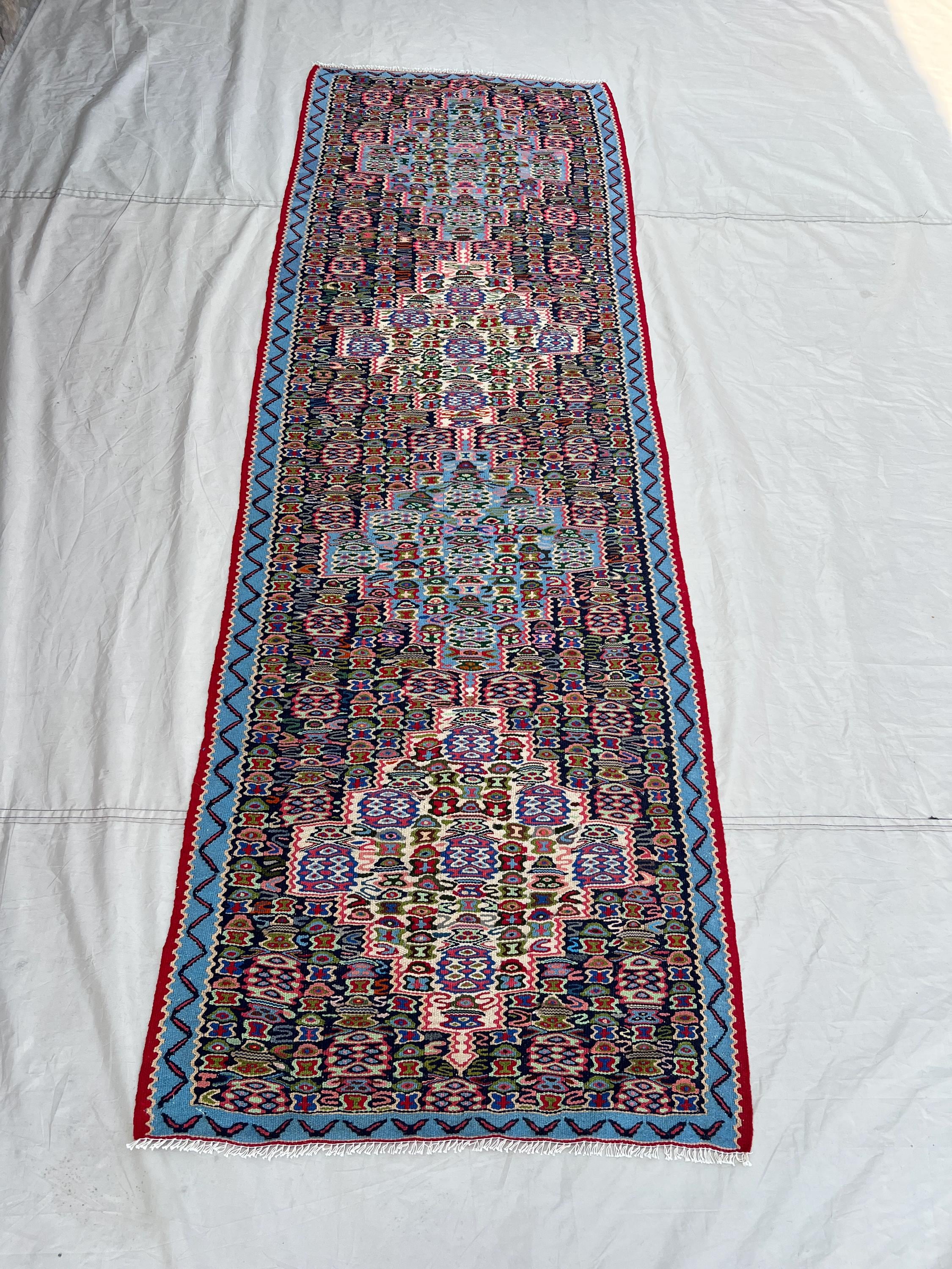 2'8x8'1 Vintage Afghan Tribal Runner Handwoven Wool Flatweave All-Over Boteh Navy Pink Multicolor | Hallway Entryway Kitchen Runner Decor
