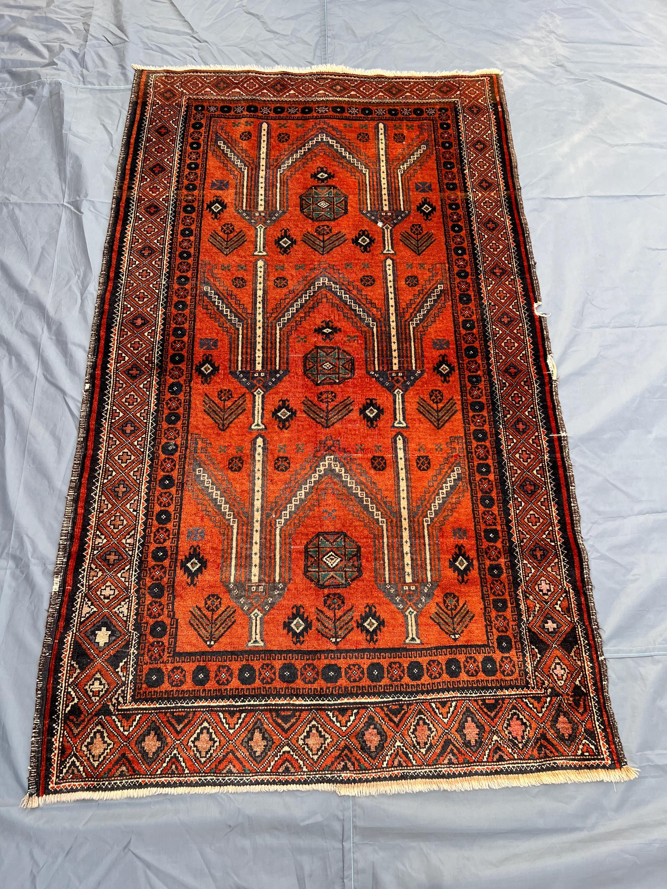 Antique Afghan Rug 3'10x6'6 ft | Hand Knotted Orange Wool Rug | Tribal Faded Prayer Design | Boho Accent Area 