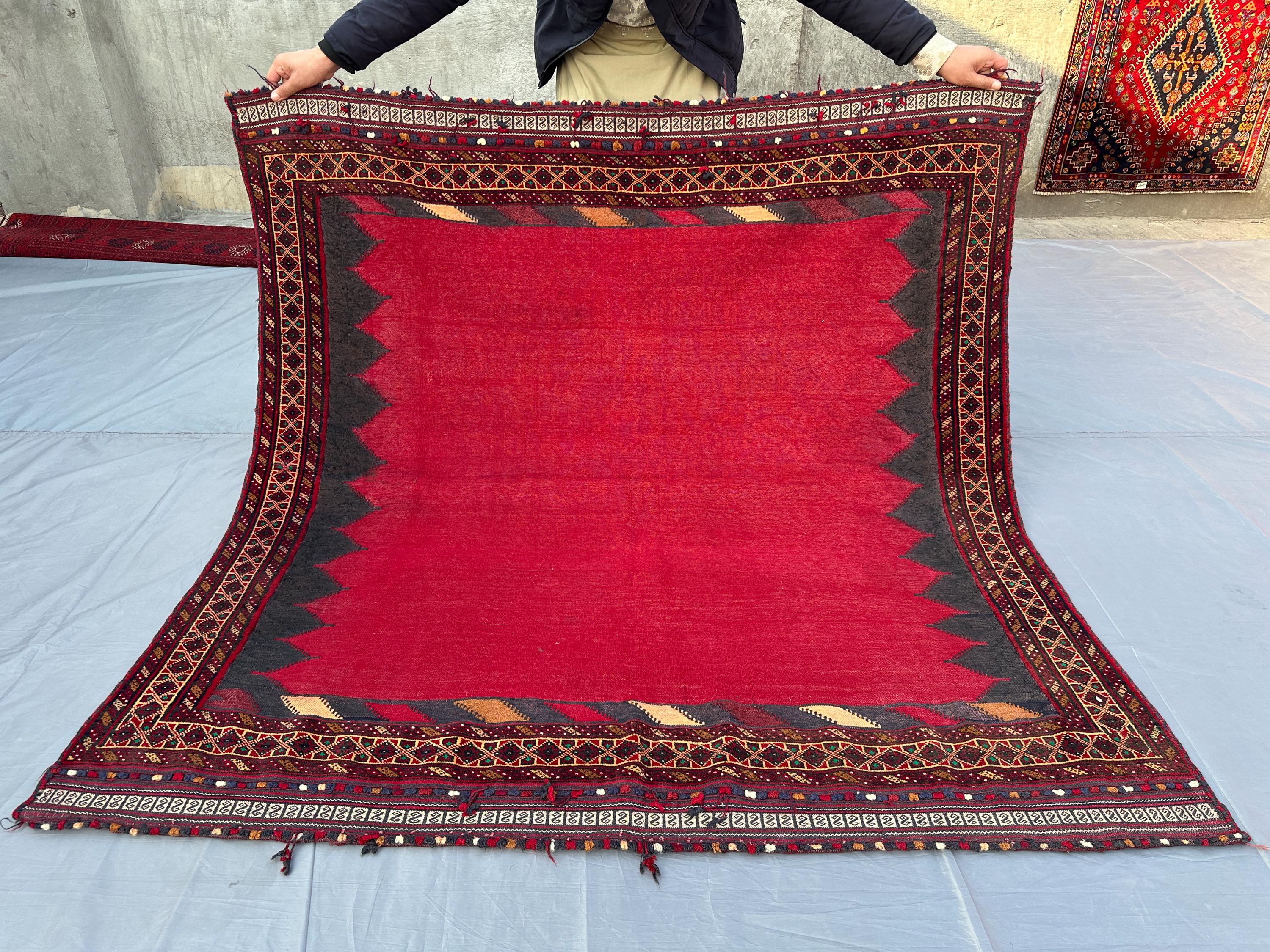 5x5 Vintage Turkmen Square Kilim Rug Afghan Tribal Handmade Kilim, Unique Red Accent Floor Decor, Turkish Styl