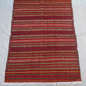 May include: A rectangular, hand-woven rug with a red and multi-colored striped pattern. The rug features a central section with diamond-shaped designs and fringed edges. The color palette includes shades of red, brown, yellow, and green.