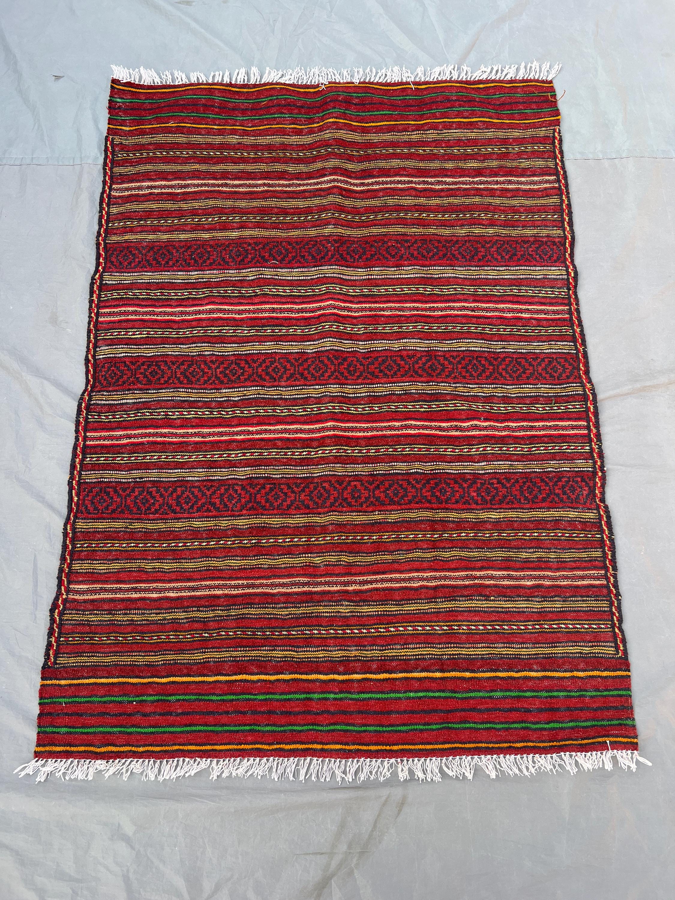3'4x4'7 Ft Vintage Afghan Wool Kilim Flat Weave Rug Bold Red Multicolor Horizontal Stripe Diamond Band Pattern | Accent Kitchen Layering Rug