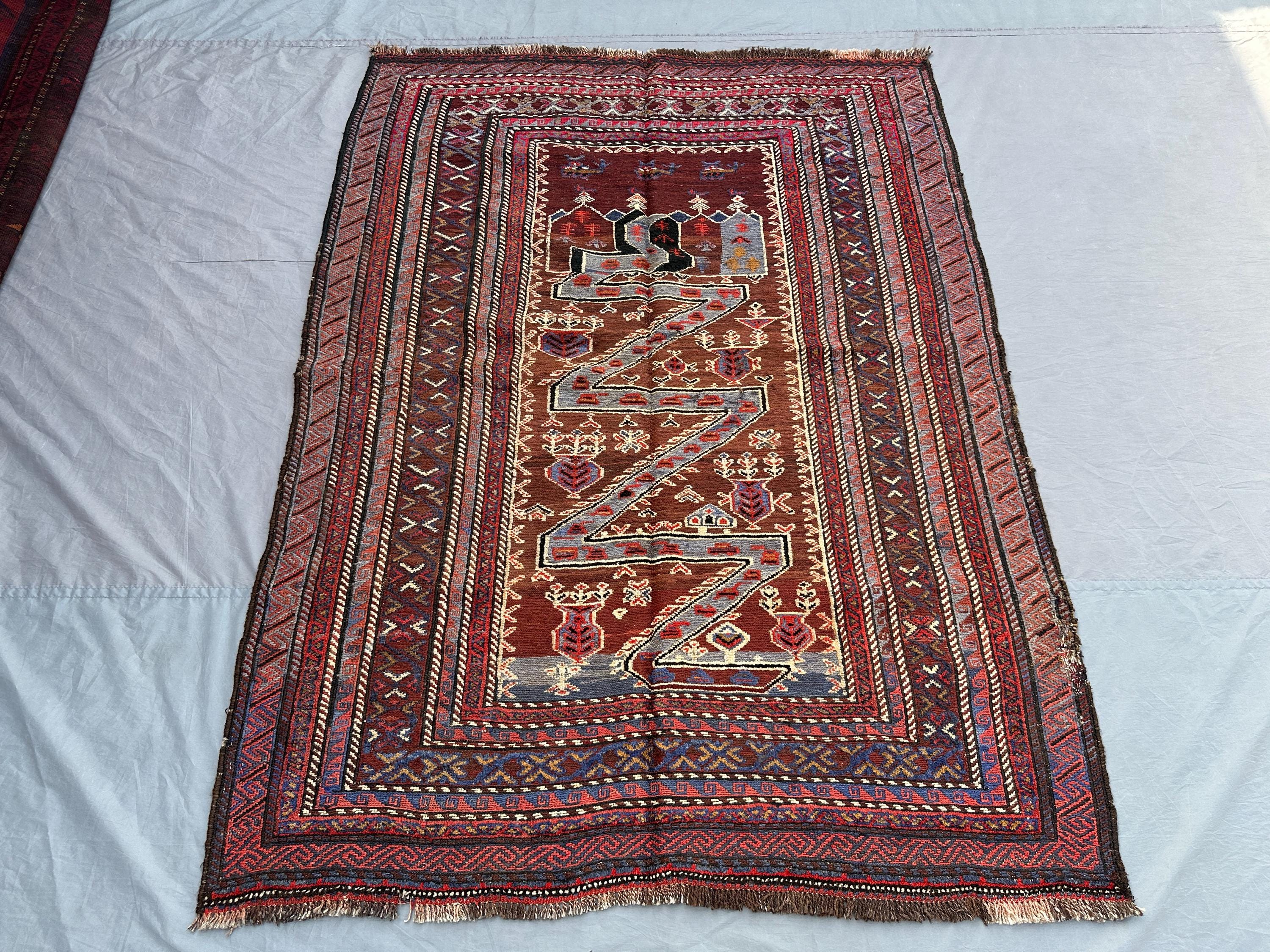 4'7x6'1 ft Antique Afghan Baluch Kilim Rug | Tribal Handmade Wool War Rug | Geometric Nomadic Flatweave Turkis