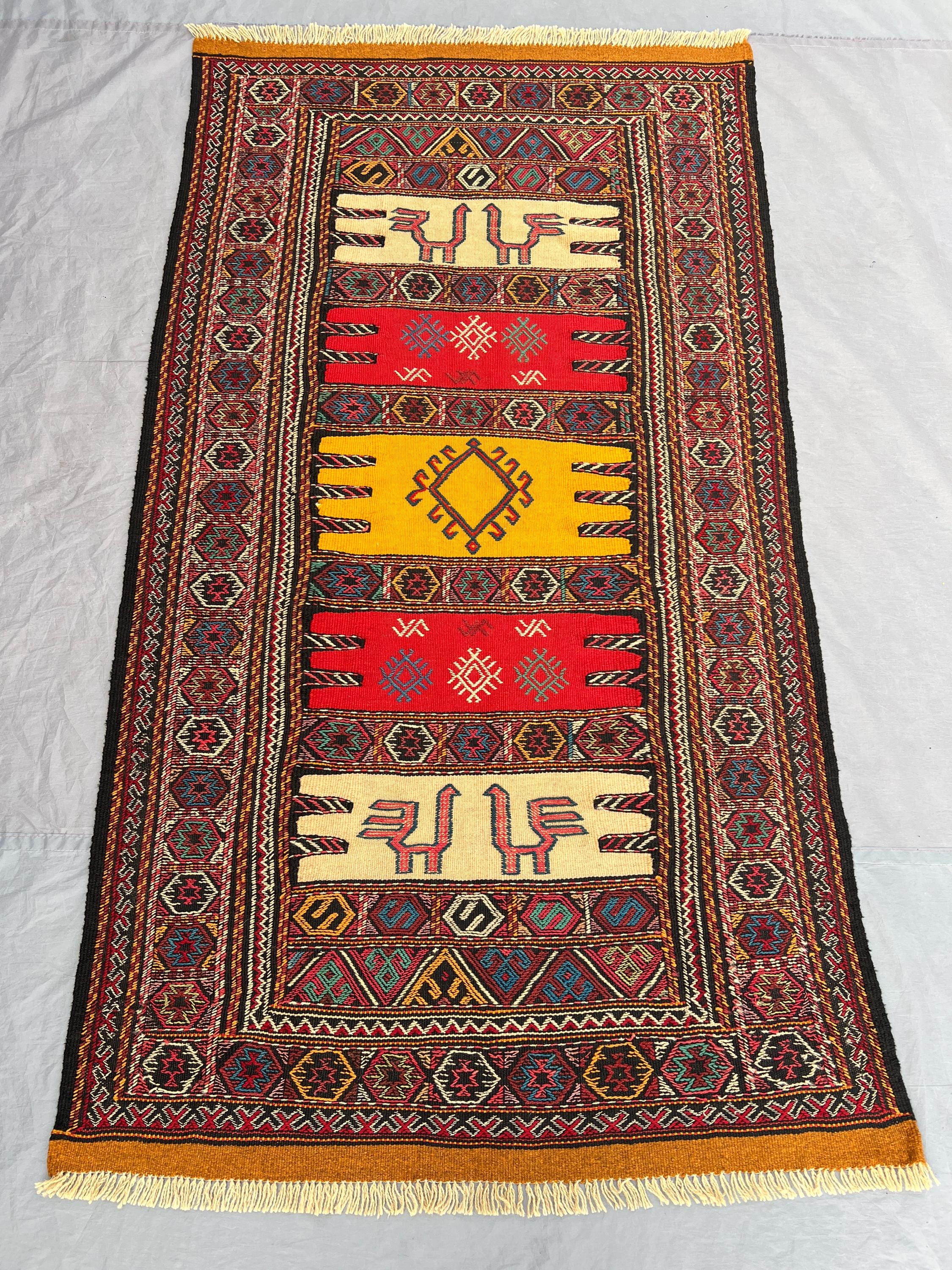 3'3x5'11 Ft Vintage Afghan Baluchi Kilim Flatweave | Red Gold Ivory Banded Animal Motif | Handwoven Wool Rug f