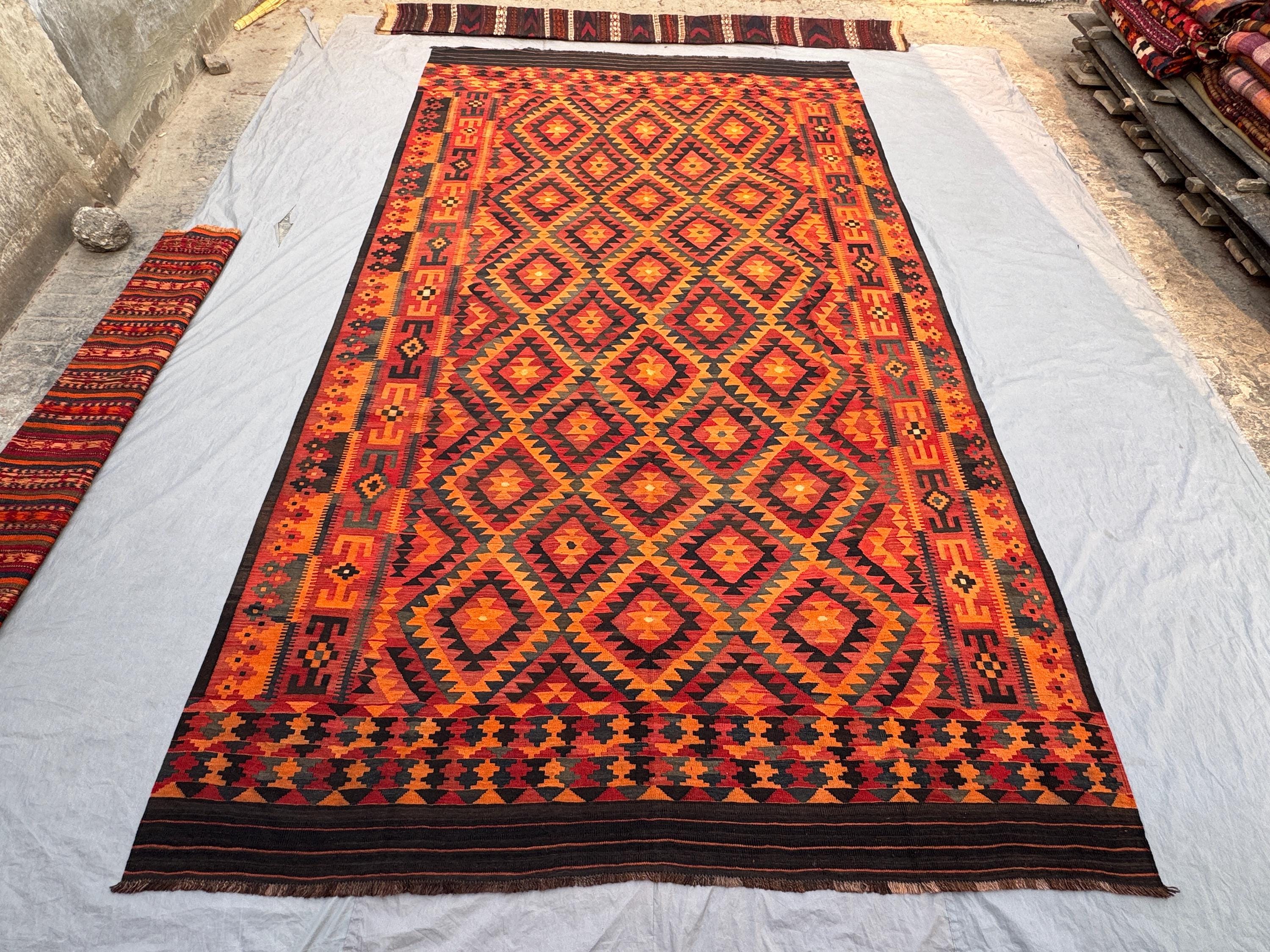 8'6 x 14'5 Ft Antique Afghan Baluchi Kilim Large Area Rug, Hand Knotted Wool Flat Weave Geometric Tribal Living Room Floor Rug