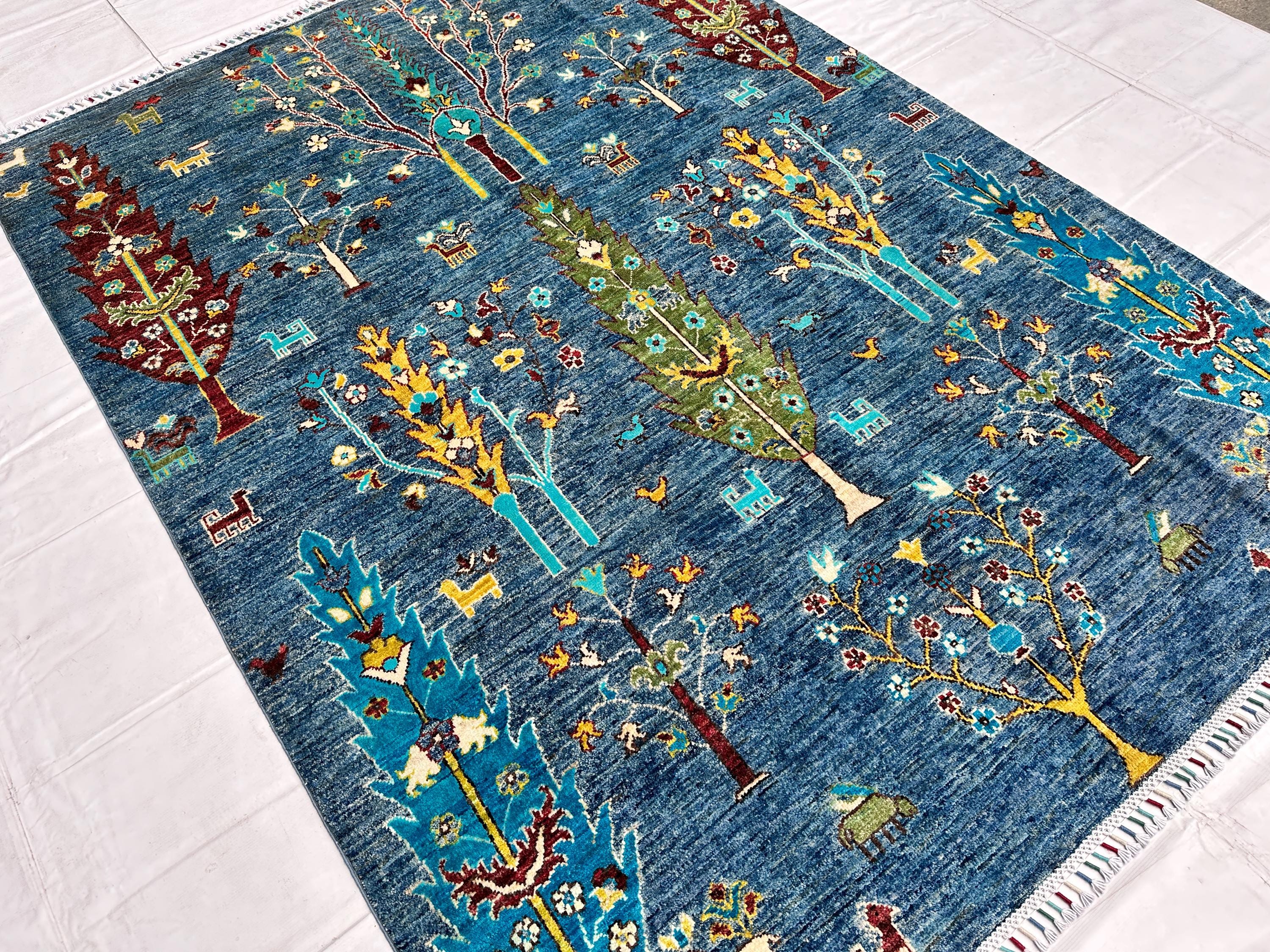 Blue Pictorial Tree Rug, Hand Knotted Wool Animal Carpet, Whimsical Folk Art Area Rug 6x8, Colorful Wool Rug,