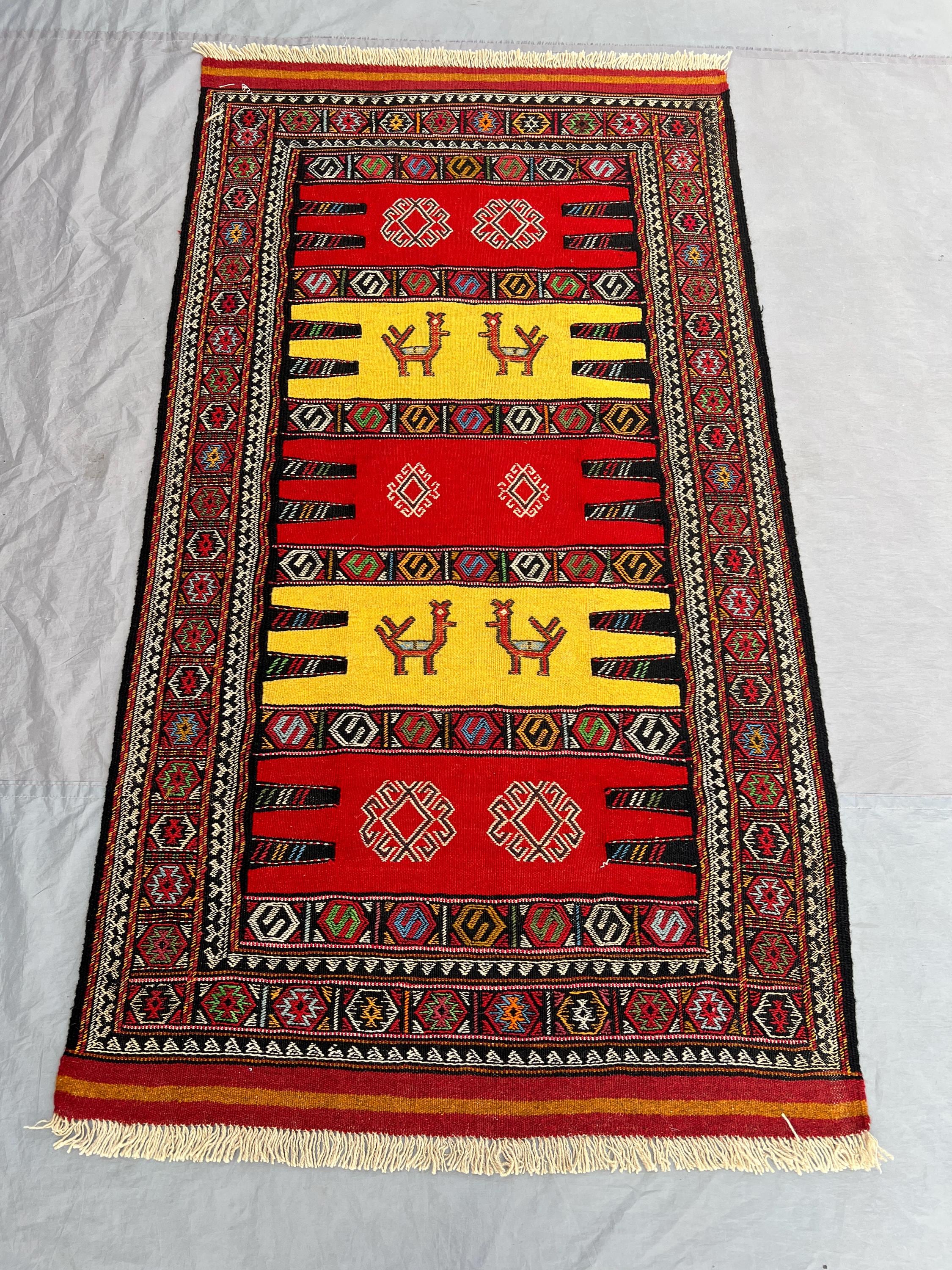 3'3 x 5'11 Ft Handmade Afghan Kilim Flatweave Rug – Vibrant Red & Yellow, Geometric Patterns, Traditional Wool
