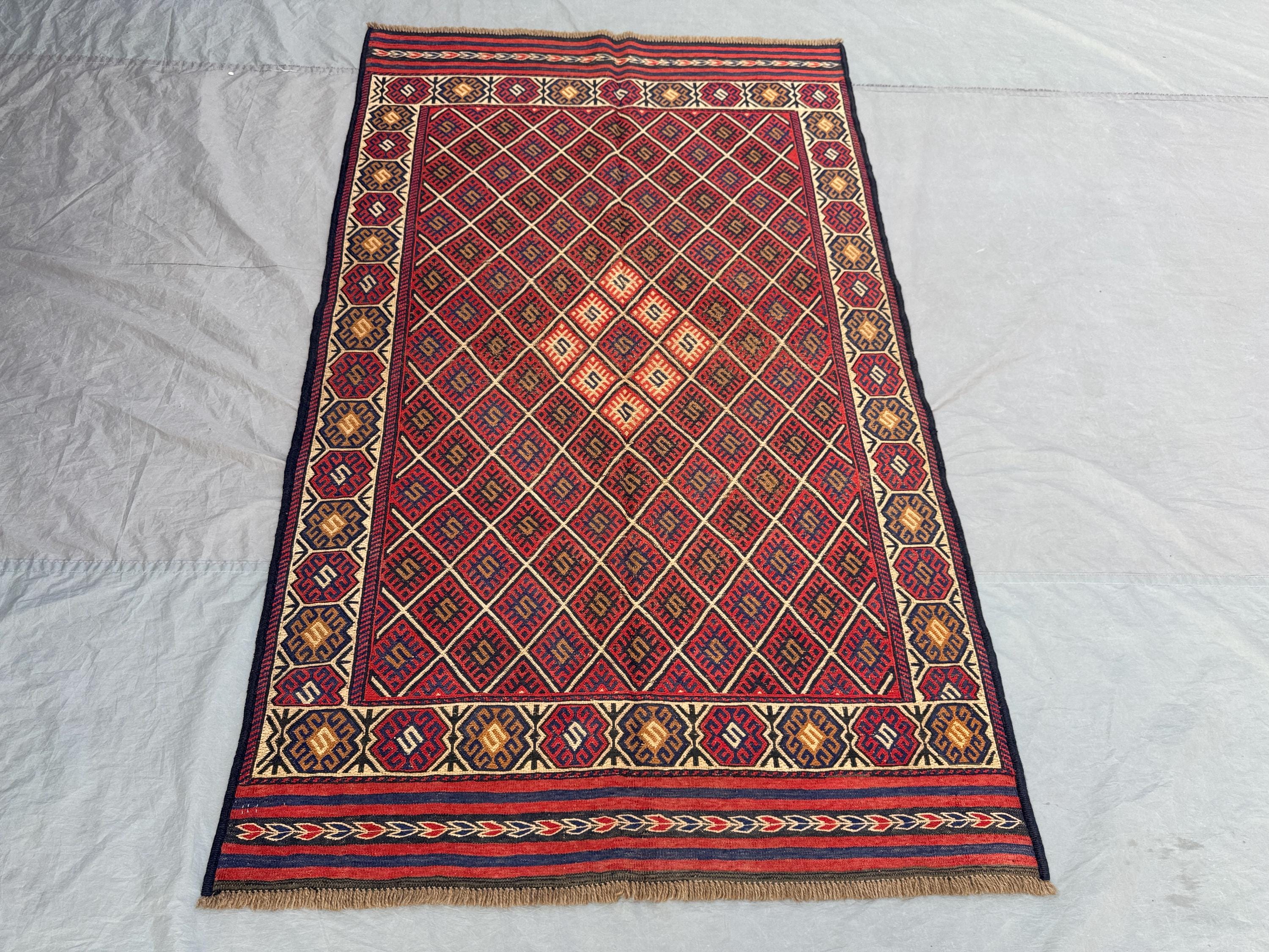 4'3 x 6'11 Ft Antique Afghan Baluchi Kilim Rug No Pile Flat Weave Hand Knotted Tribal Wool Area Rug Living Room Decor Kitchen Rug
