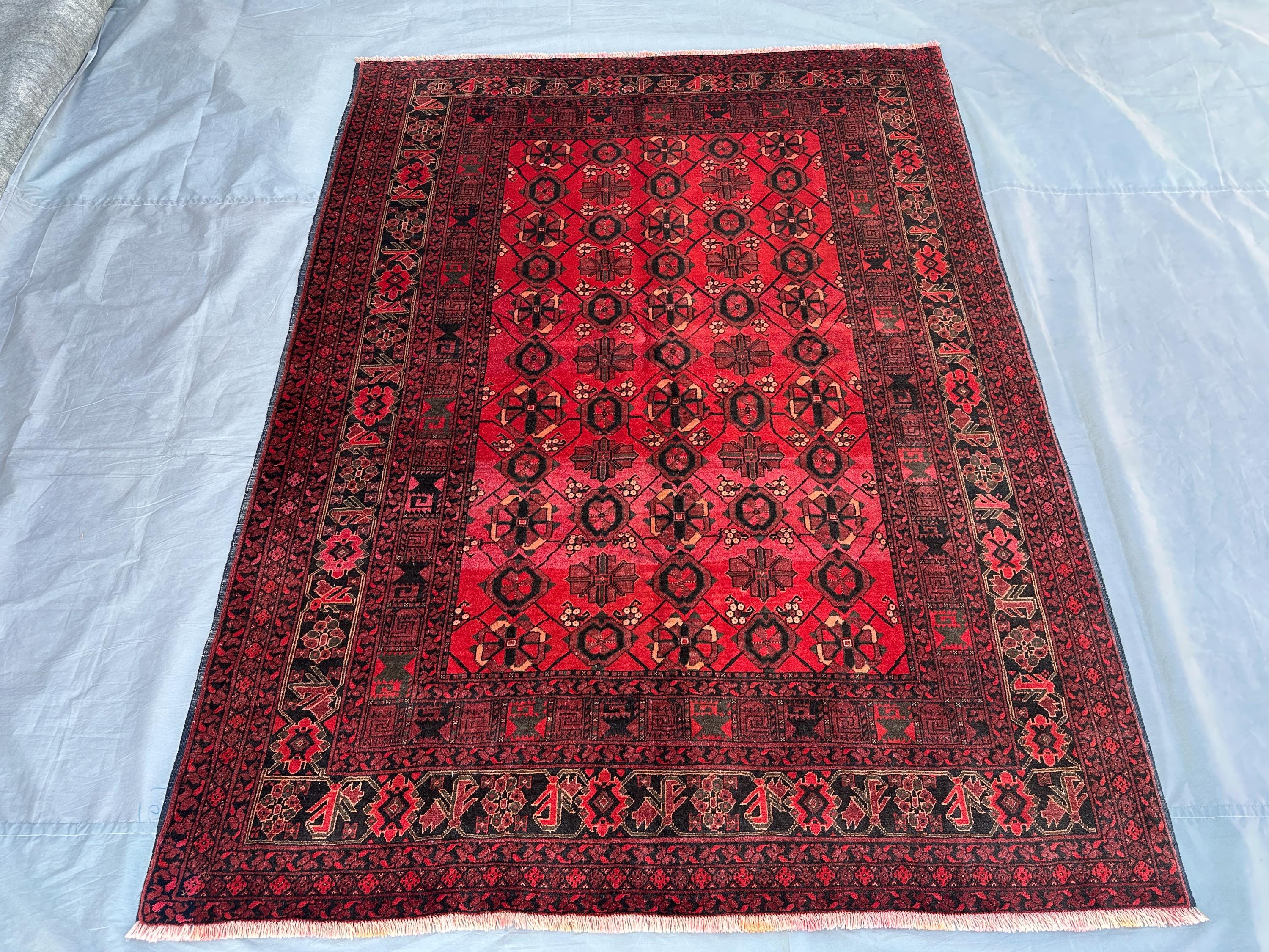 Antique Turkmen Bashiri Rug | 4'5 x 7' Tribal Afghan Handmade Wool Carpet | Ersari Design | Vintage Red Area Rug for Boho Decor, Bedroom Rug