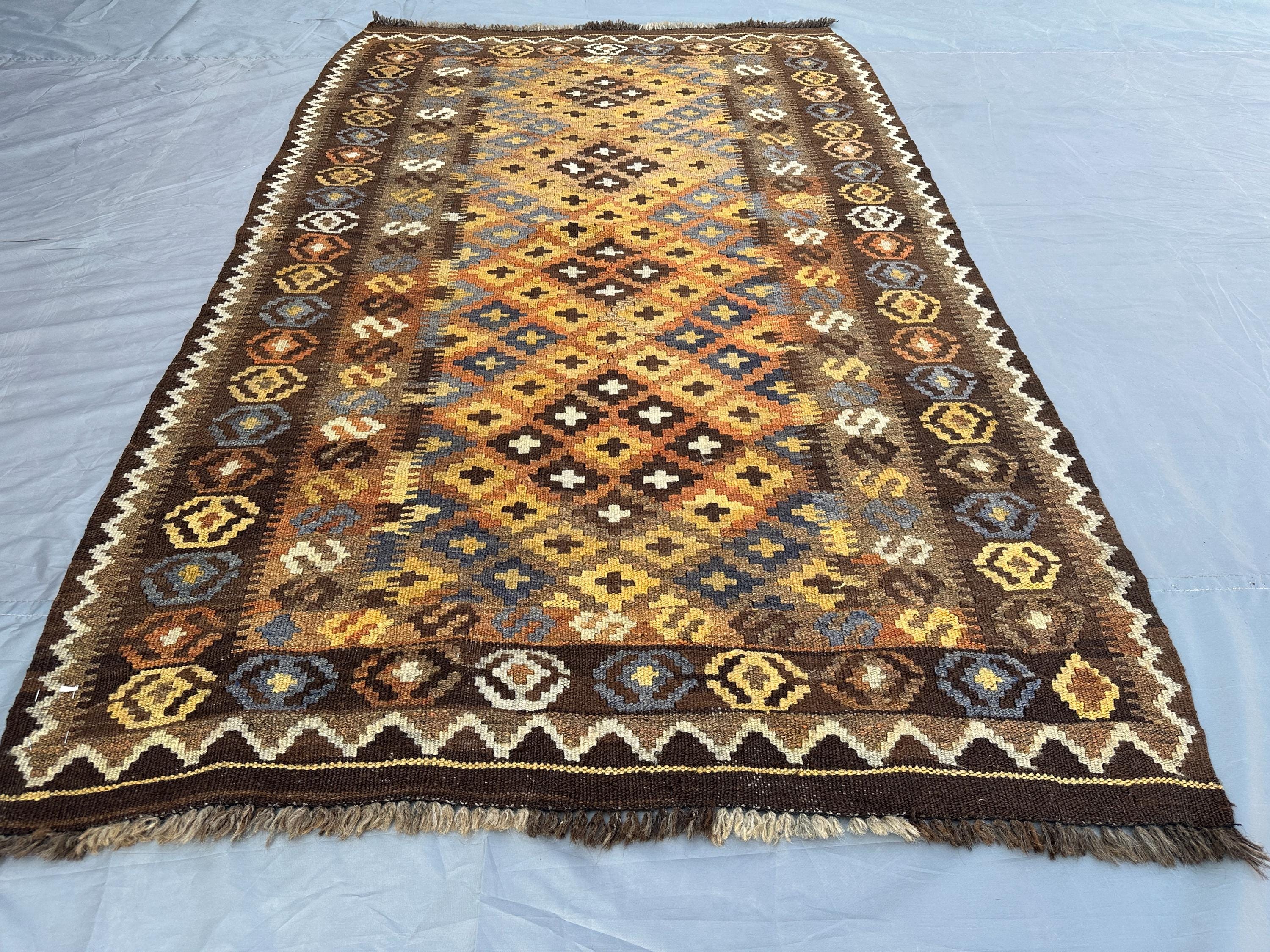 4x6 Antique Turkmen Faded Rug Tribal Turkish Style Kilim Flat Weave Afghan Rug, Geometric Terracotta Rug, Kitchen Rug, Turkmen Baho Decor