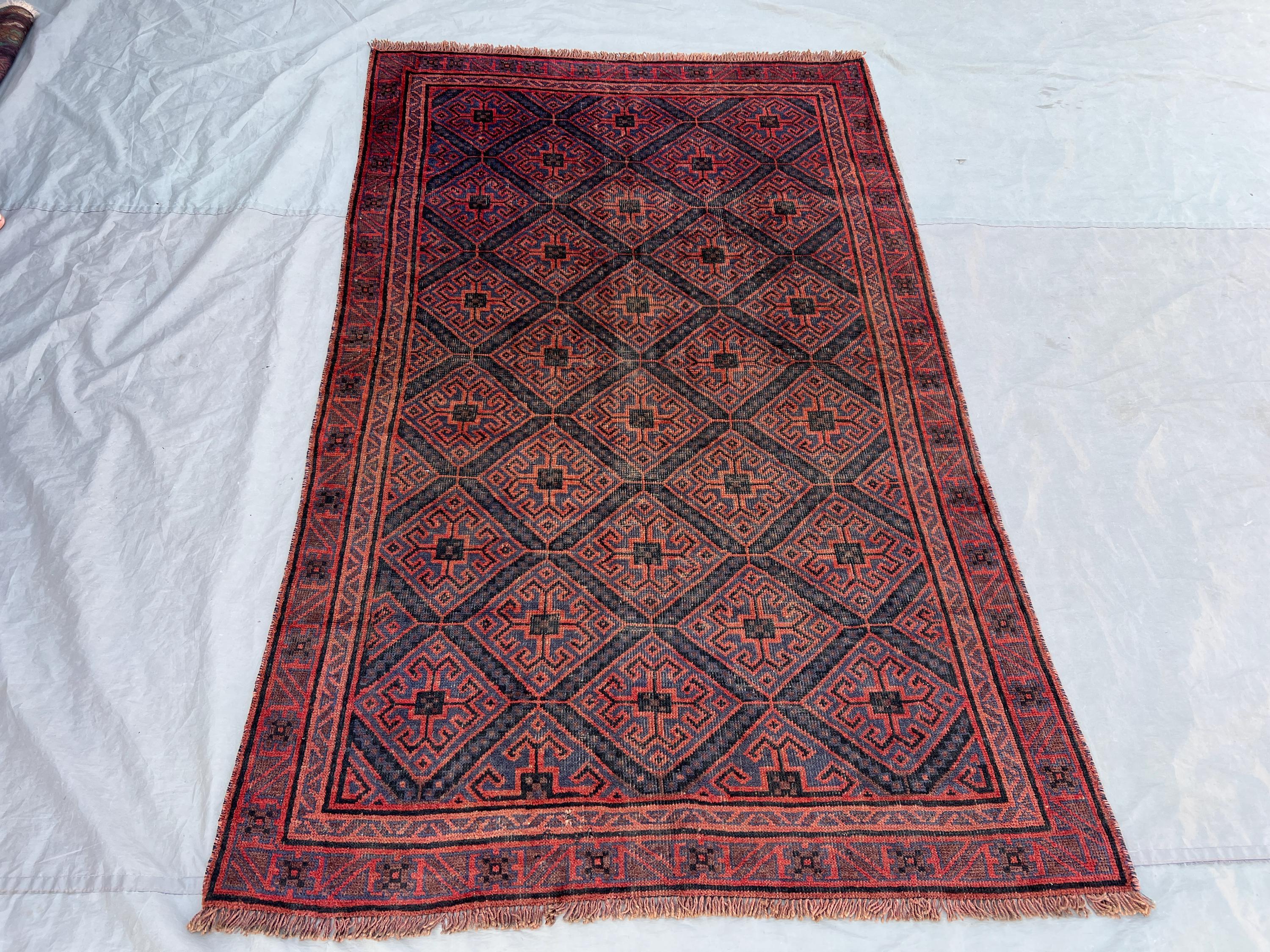 4'4x7 Ft Vintage Afghan Baluchi Handknotted Low Pile Area Rug, All-Over Greek Key Diamond Lattice Red Navy Wool | Living Room Boho Decor