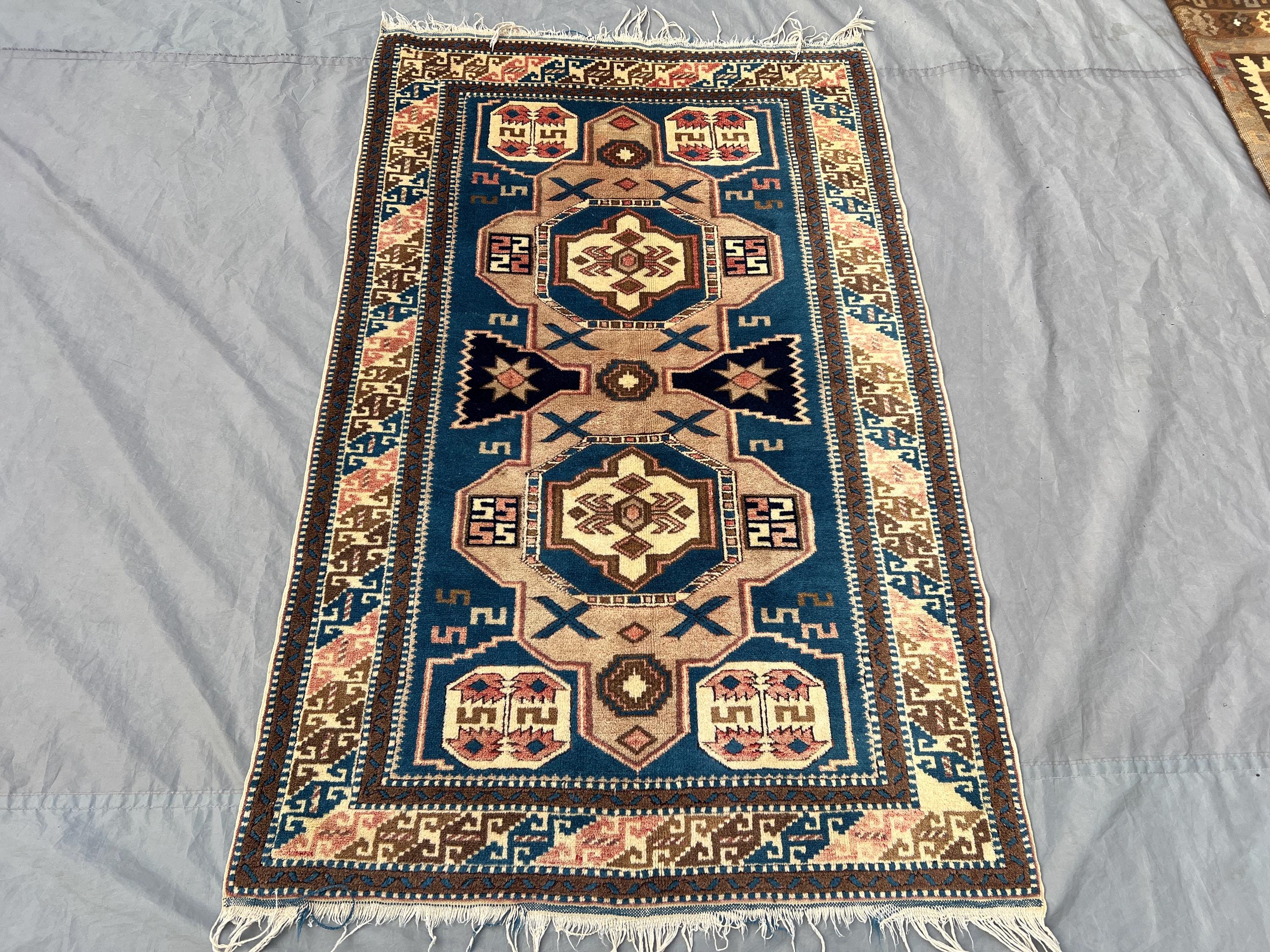3'5 x 5'5 ft Antique Caucasian Kazak Rug, Hand Knotted Wool Carpet, Tribal Geometric Design, Vintage Oriental Small Area Rug, Home Decor