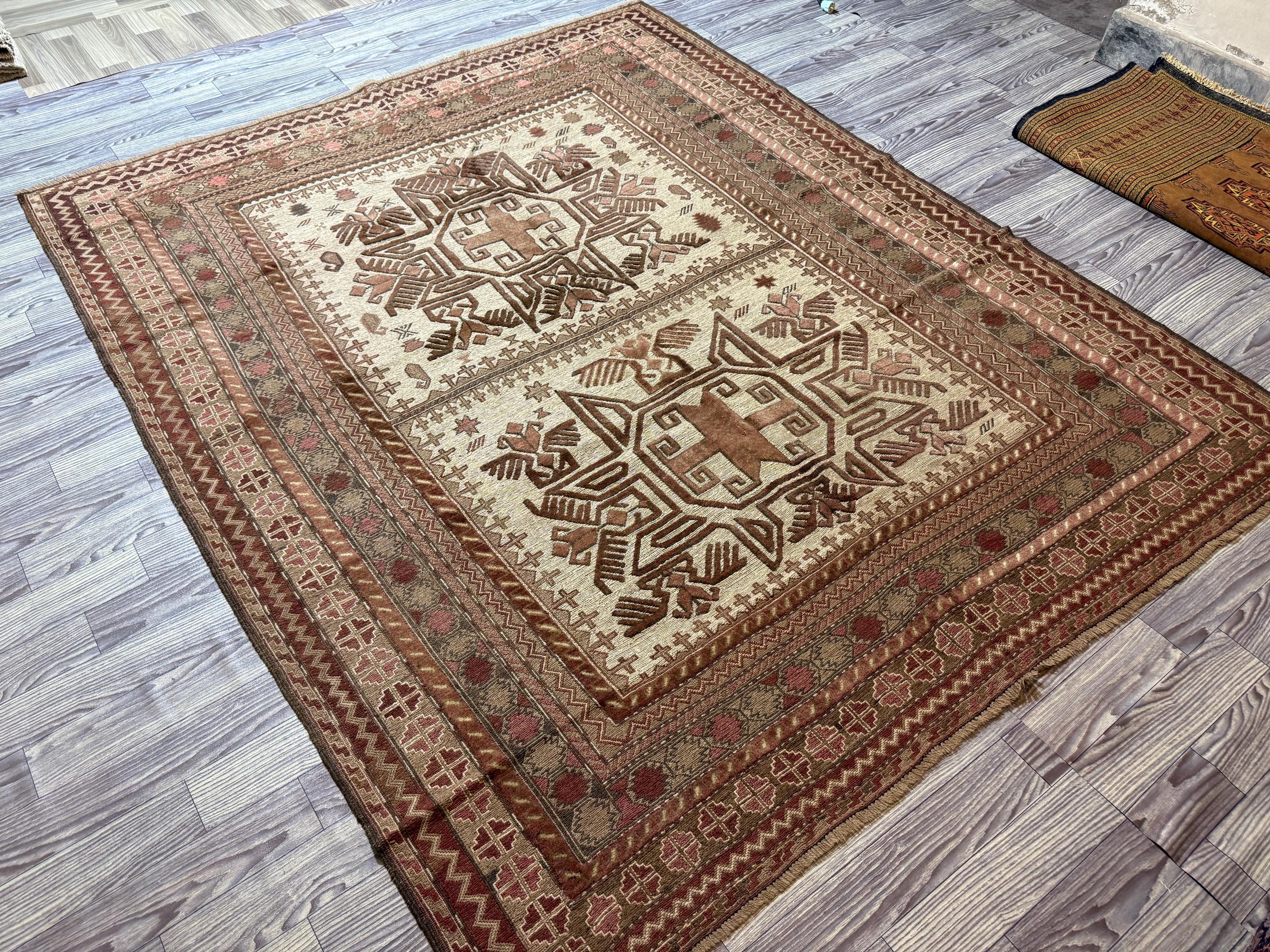 6.6 x 8 ft Afghan Hand Woven Rare Rug, Vintage Flat Weave Kilim, One of a Kind Sumak Design, Tribal Faded Balochi Design | Living room rug