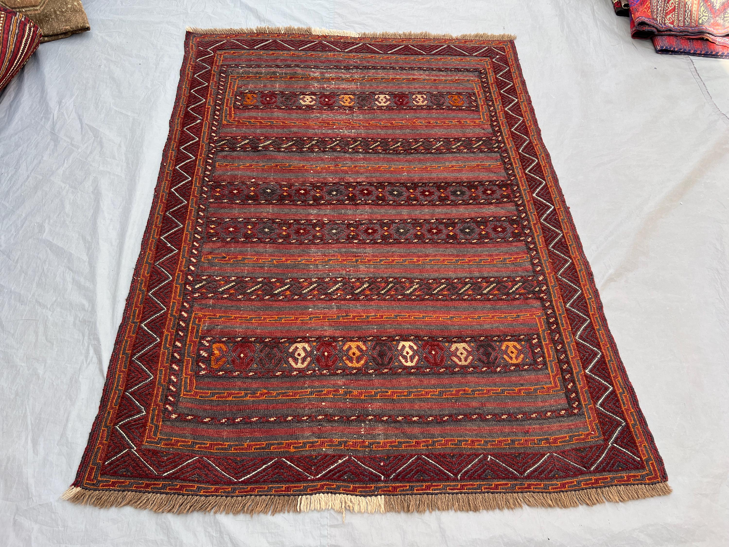 4'6x5'10 ft Vintage Afghan Hand-Knotted Rug – Geometric Red and Orange Design, Tribal Motifs, Handmade, Boho Home Decor, Cozy Living Room