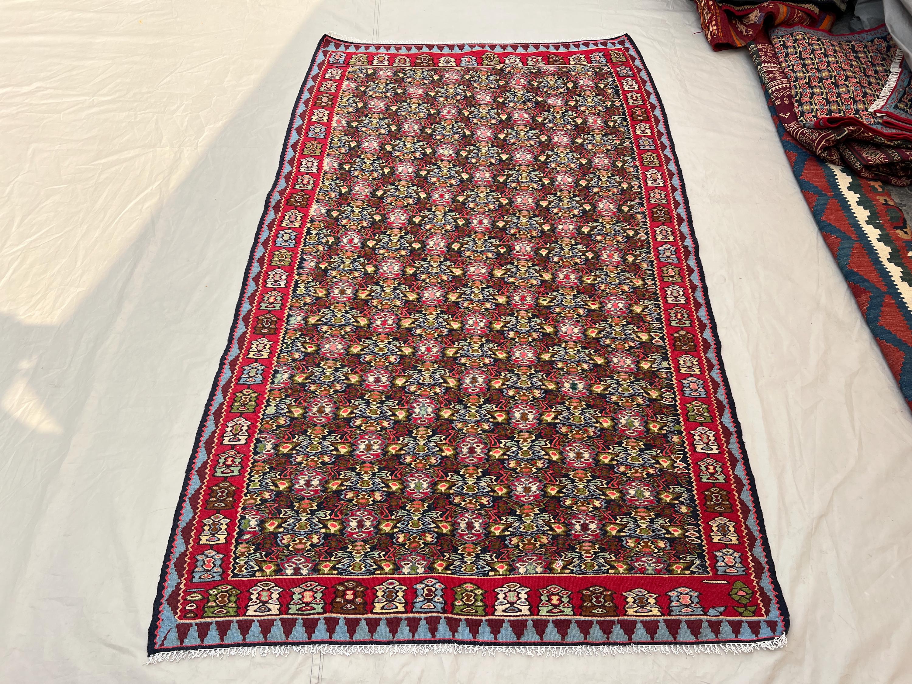 4'2x6'8 Vintage Afghan Flat Woven Wool Kilim Dark Navy Red All Over Dense Floral Boteh Multicolor Tribal Boho Living Room Accent Carpet