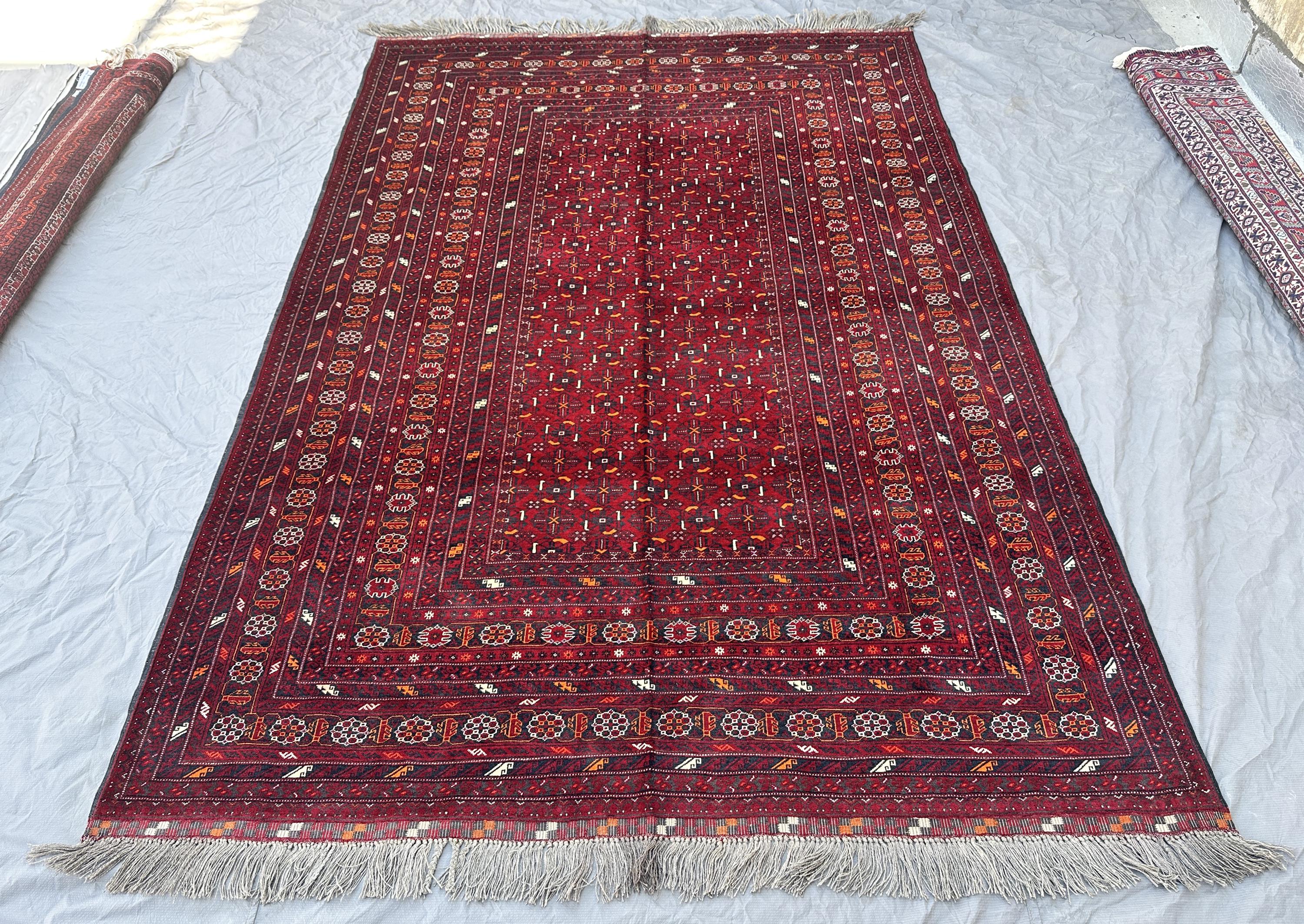 High Quality Red Afghan Bashiri Rug 9x6, Vintage Hand-Knotted Wool Carpet, Tribal Diamond Medallion Design, Li
