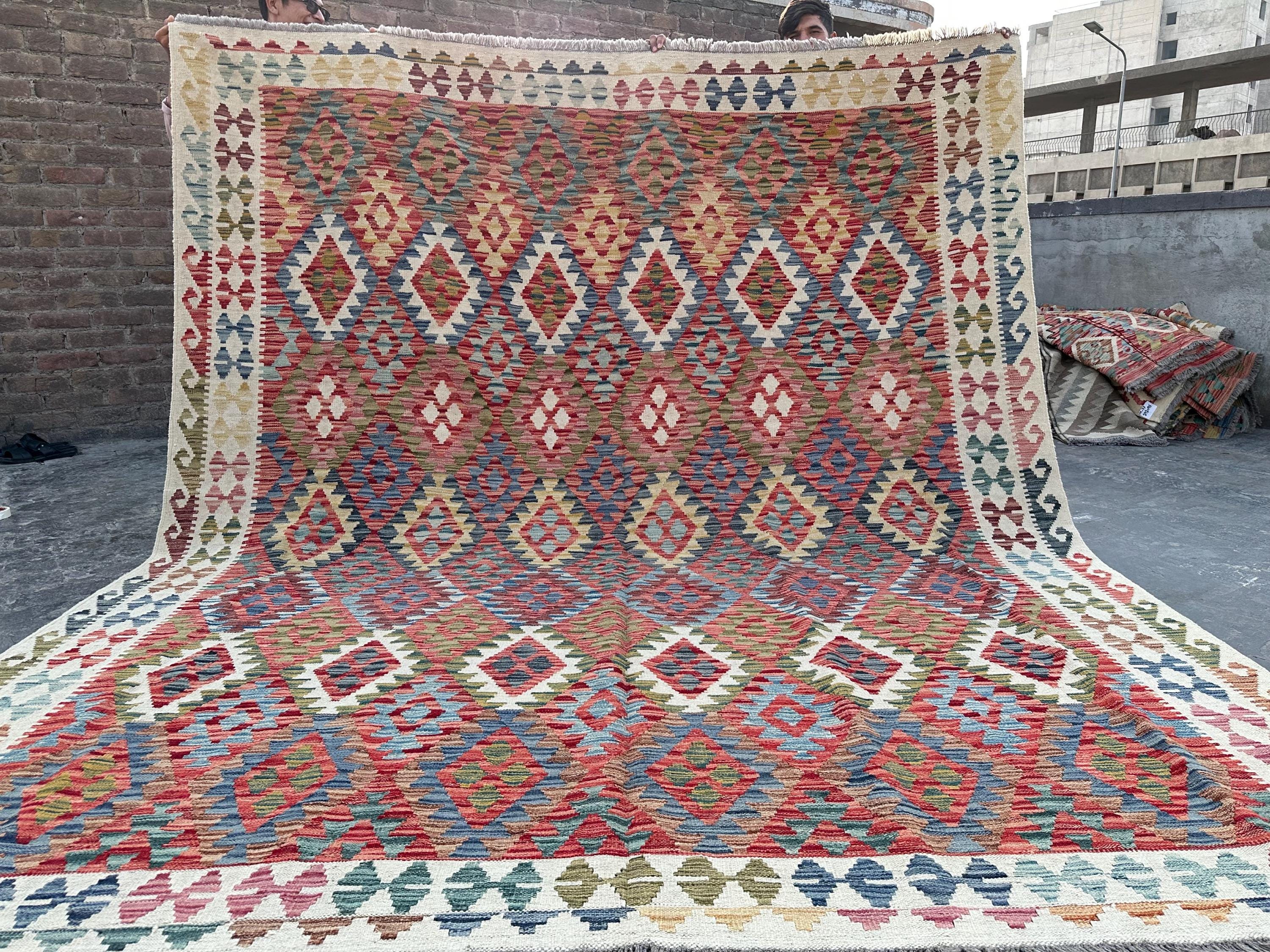 8.6x10 ft Afghan Handmade Kilim Rug Turkish Style Geometric Multicolor Wool Rug, Bohemian Tribal Carpet, Large