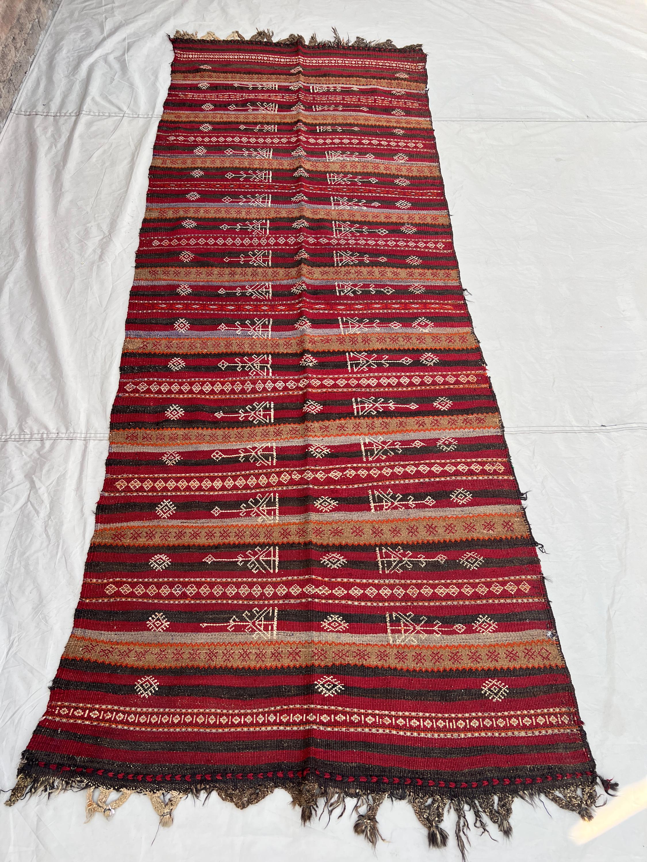 3'6x9'5 Ft Vintage Afghan Flat Woven Wool Kilim Runner Red Brown Stripe Scattered Arrow Diamond Tribal Boho Hallway Staircase Long Carpet