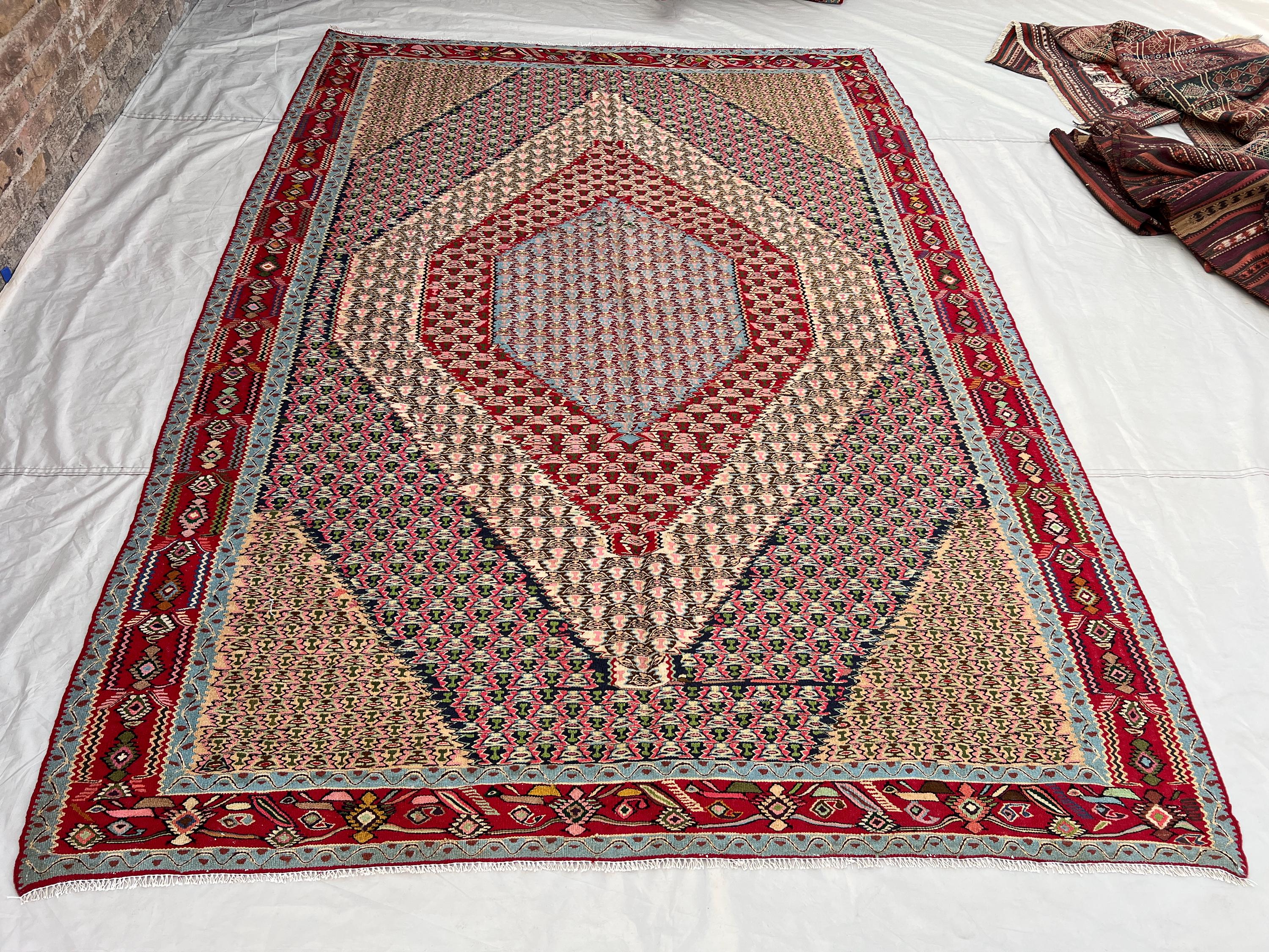 6'10x9'7 ft Vintage Afghan Hand-Woven Wool Kilim | Large Diamond Medallion & Dense Geometric Field | Soft Peach Crimson Living Room