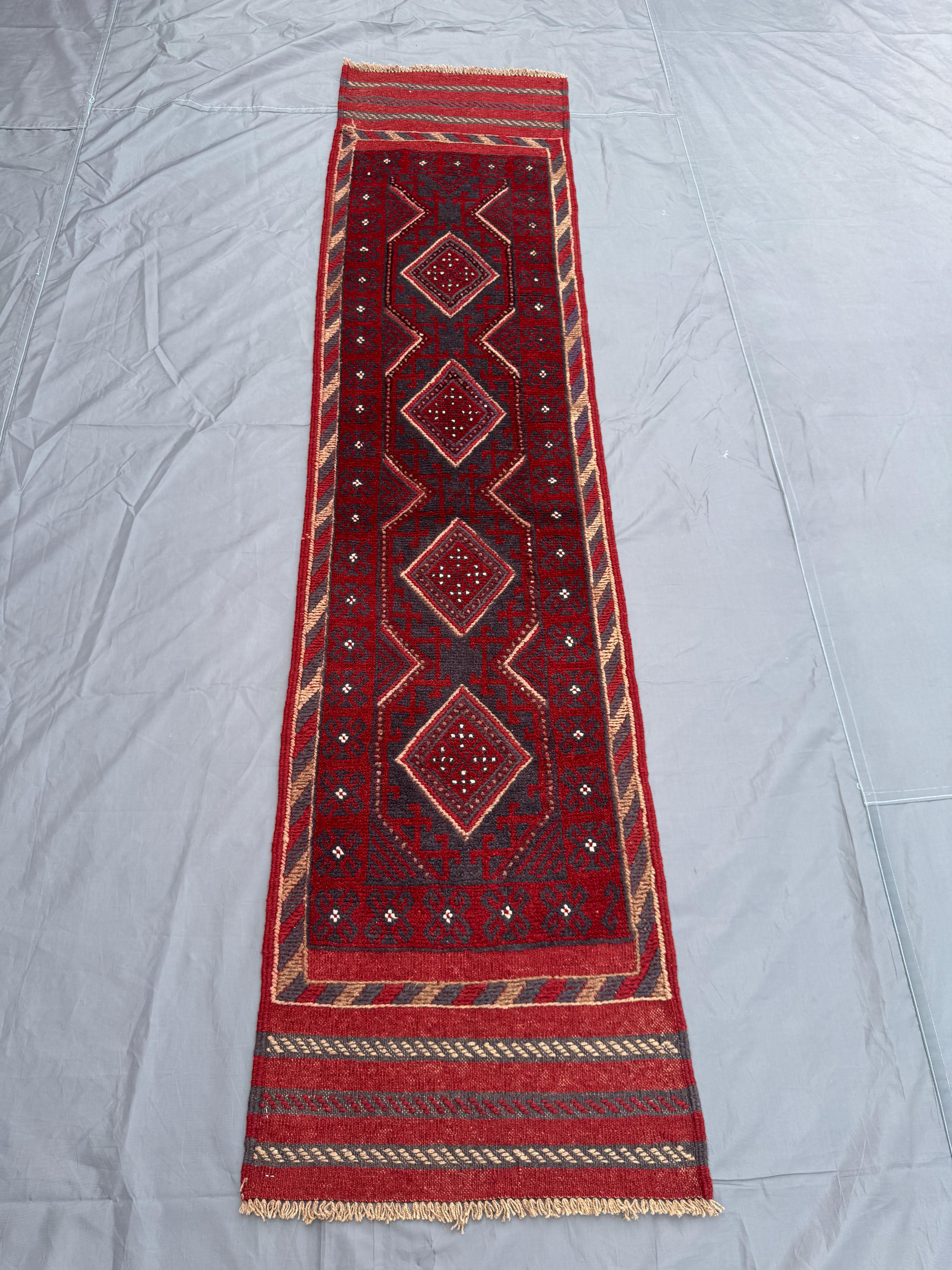 2 × 8 Afghan Hand-Knotted Vintage Runner Mishwani Balochi Design Red Navy Brown Geometric Tribal Soft Wool Hal
