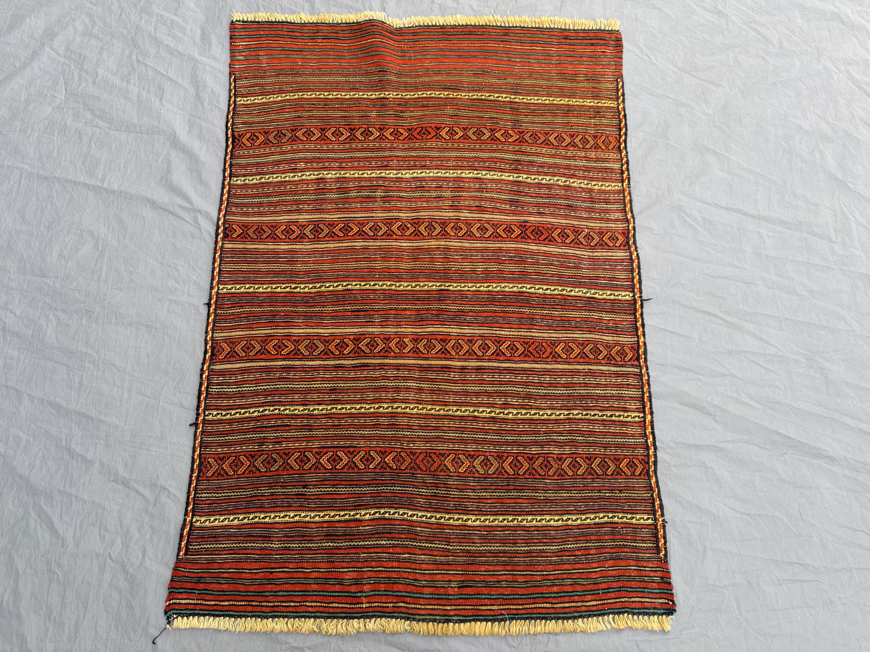 3 x 4 ft Vintage Afghan Sumak Kilim | Handwoven Reversible Flatweave | Rich Red Stripes | One-of-a-Kind Boho Luxury Rug