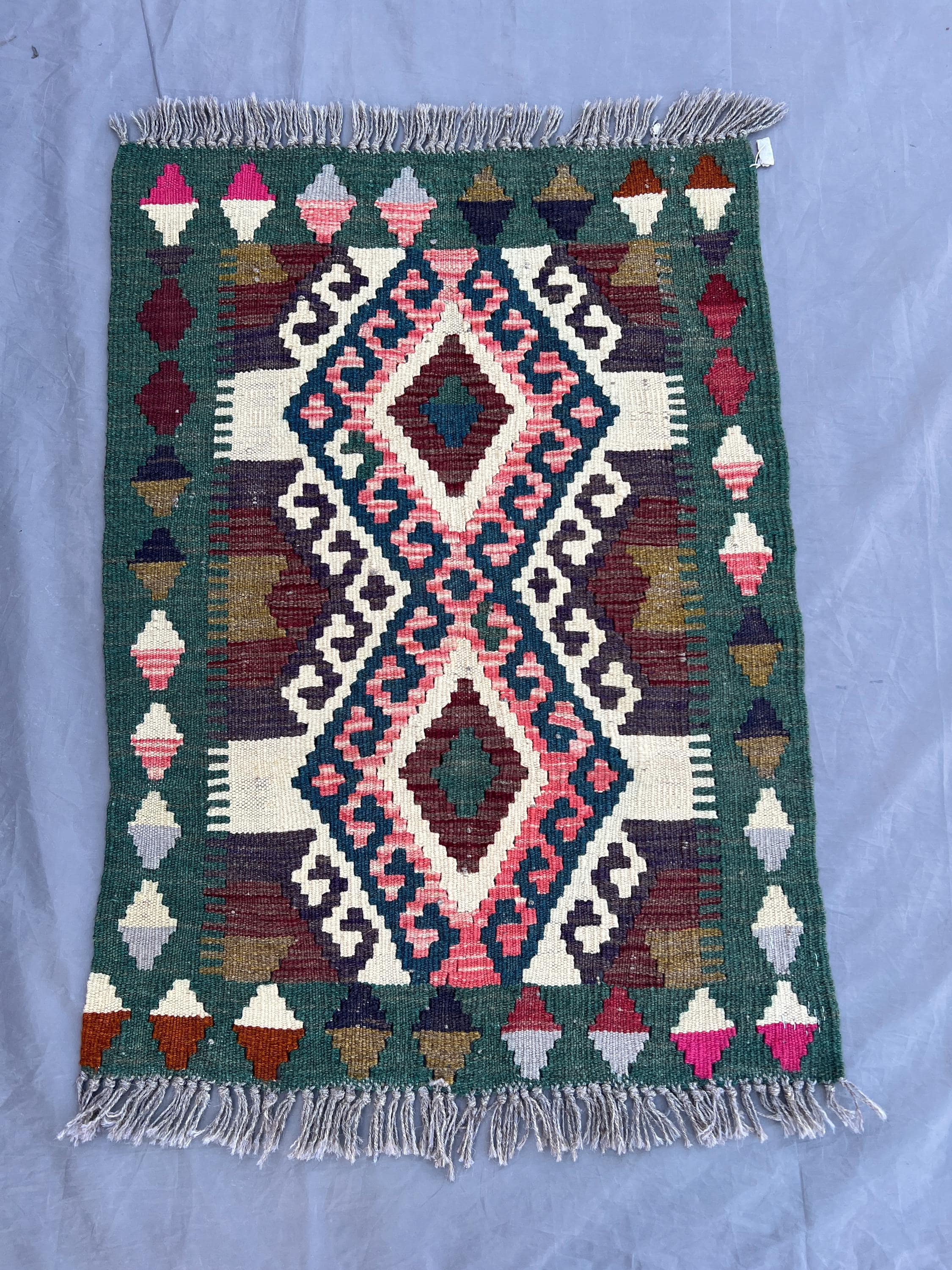 2x3 Afghan Mini Kilim Rug, Handwoven Wool Flat Weave | Tribal Accent Rug | Geometric Colorful Carpet | Small Boho Entryway Rug, Moss Rug