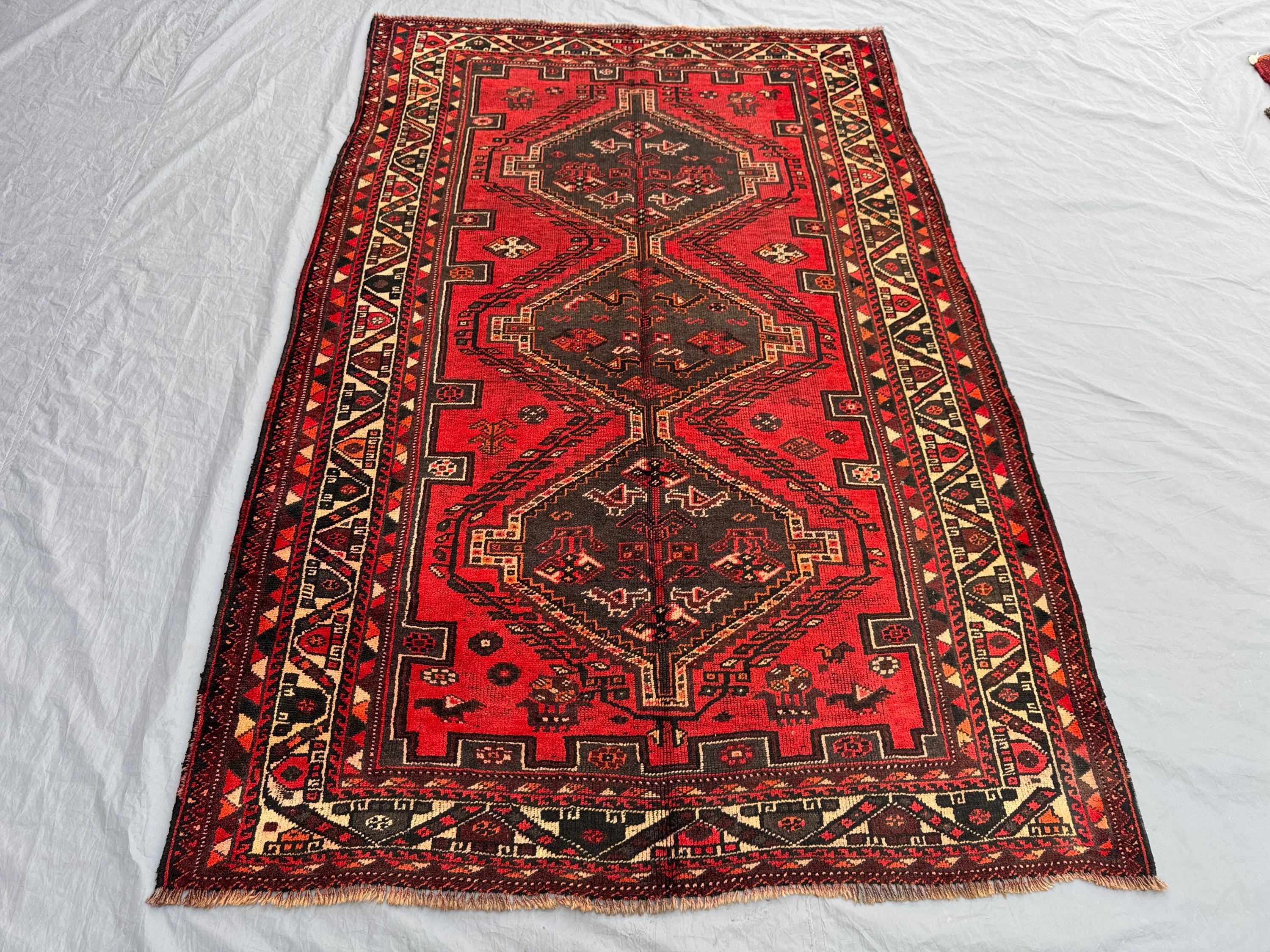 Red Low Pile Antique 1930s Turkish Hand Knotted Rug, Rare Tribal Design, Vintage Wool Rug, Oriental Geometric Rare Carpet, Living Room Rug