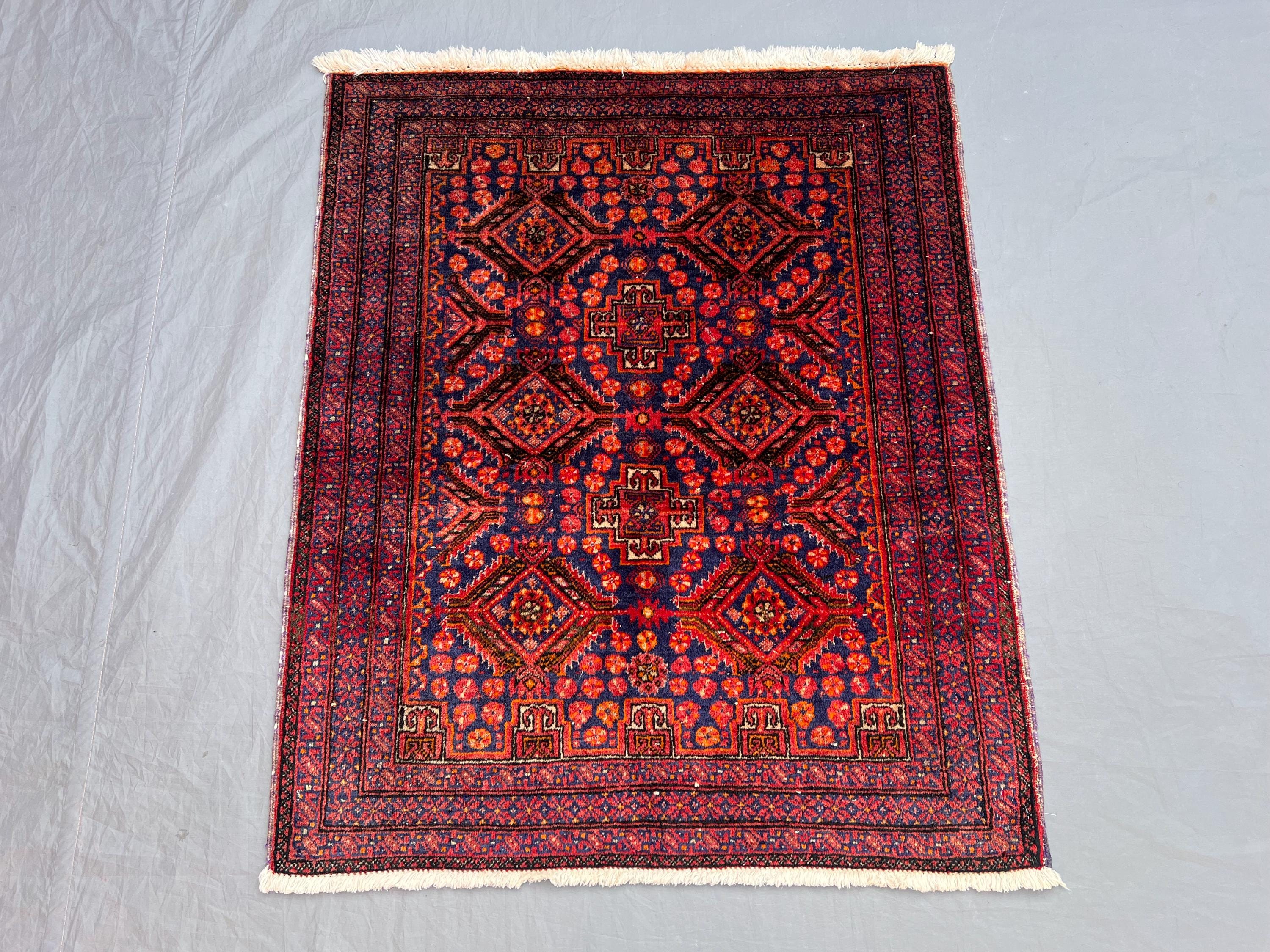 Vintage 2'6x3 ft Afghan Baluchi Accent Rug Soft Pile Tribal Geometric Design, Small Area Rug, Entryway, Living