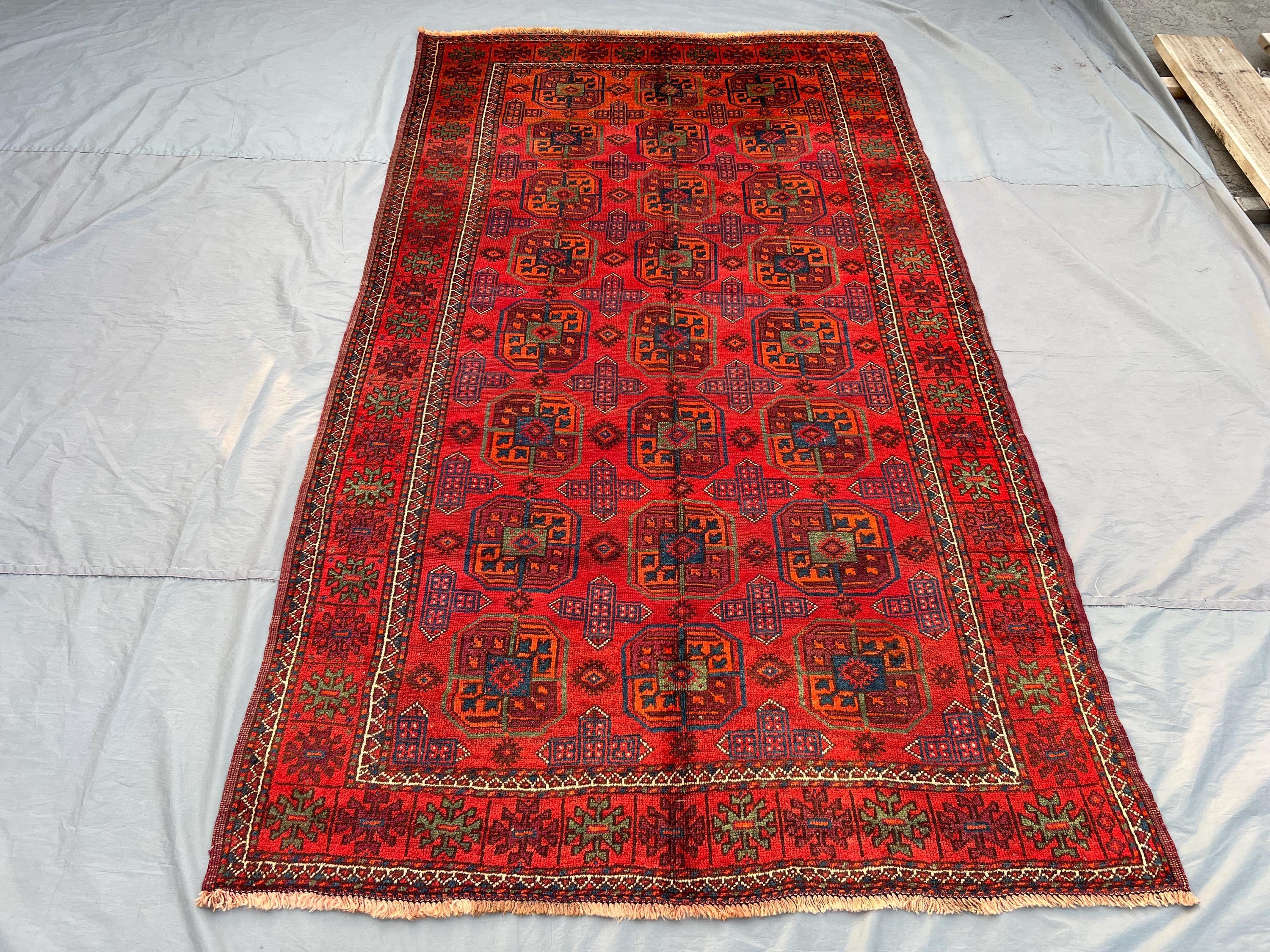 5'3" x 9'4" Ft Vintage Afghan Hand-Knotted Turkmen Rug, Low Pile, Faded Geometric Pattern, Red & Blue, Classic Oriental Carpet, Bedroom Rug