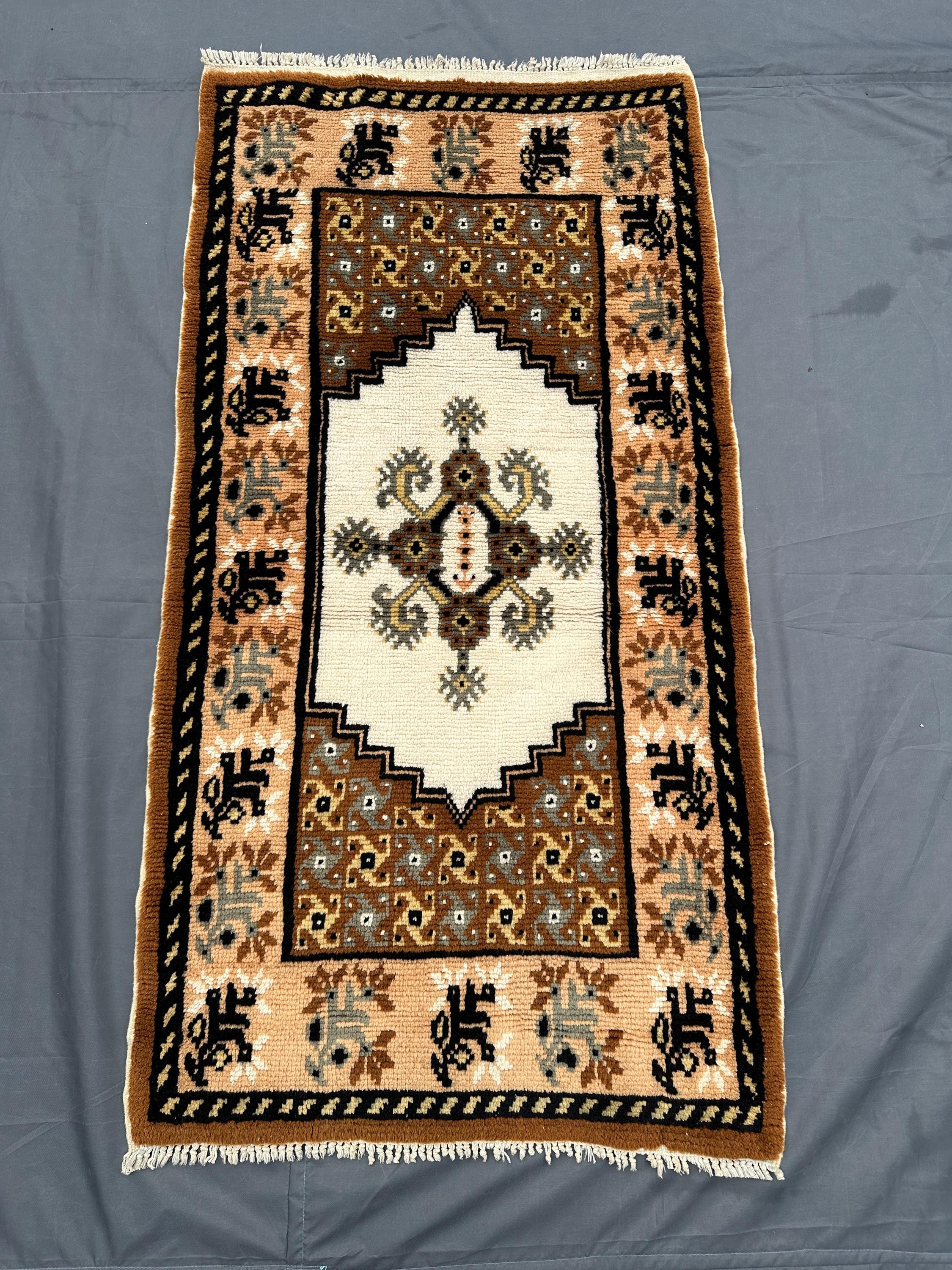 Vintage Turkish Rug | 2.3x4.3 ft Hand-Knotted Wool Accent | Cream & Brown Geometric Carpet | Small Area Rug |