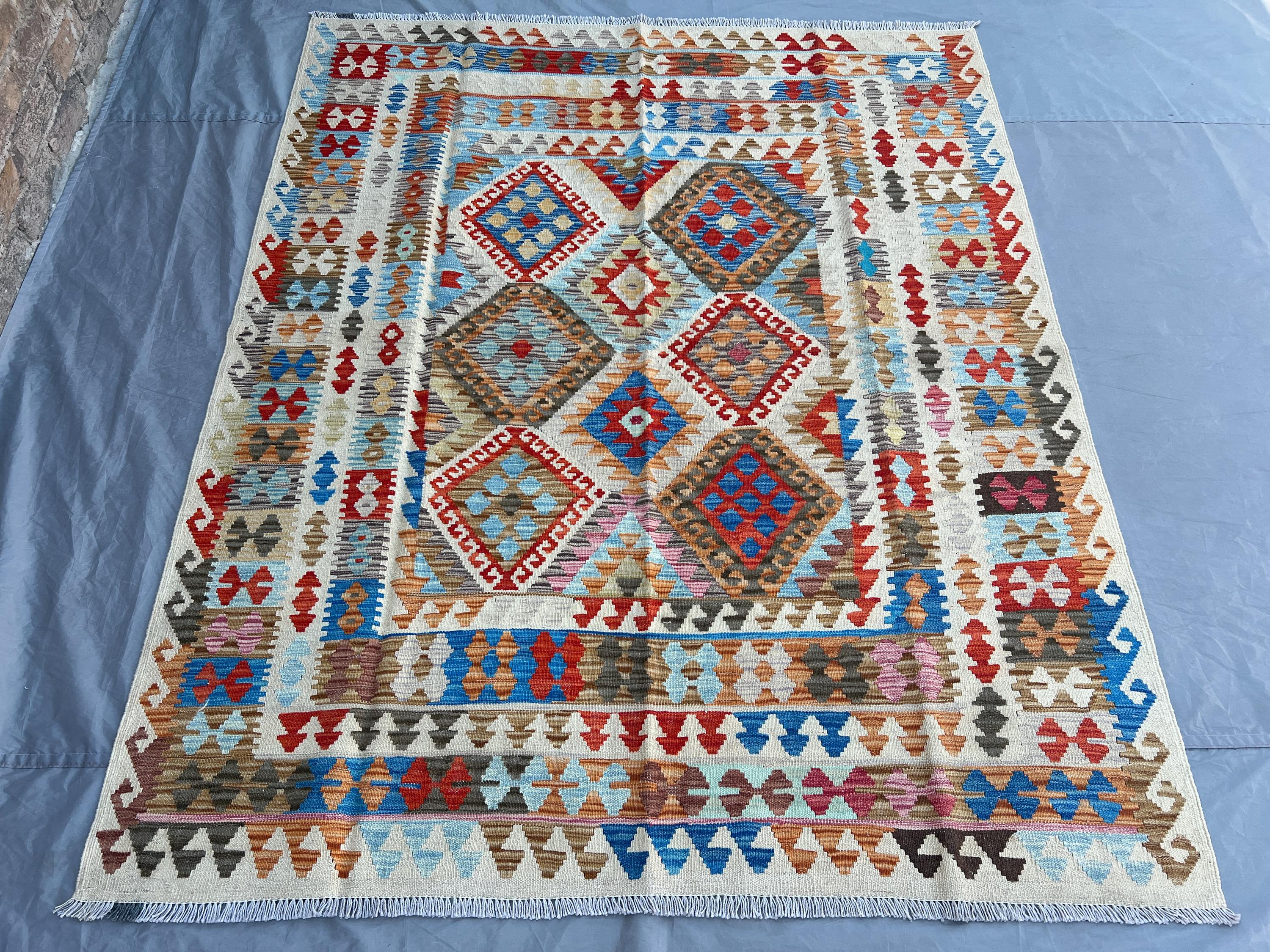6x7 Kilim Rug, Authentic Afghan Handmade Rug, Flatweave Kilim Area Rug, Geometric Modern Gabbeh Rug, Veg dyes