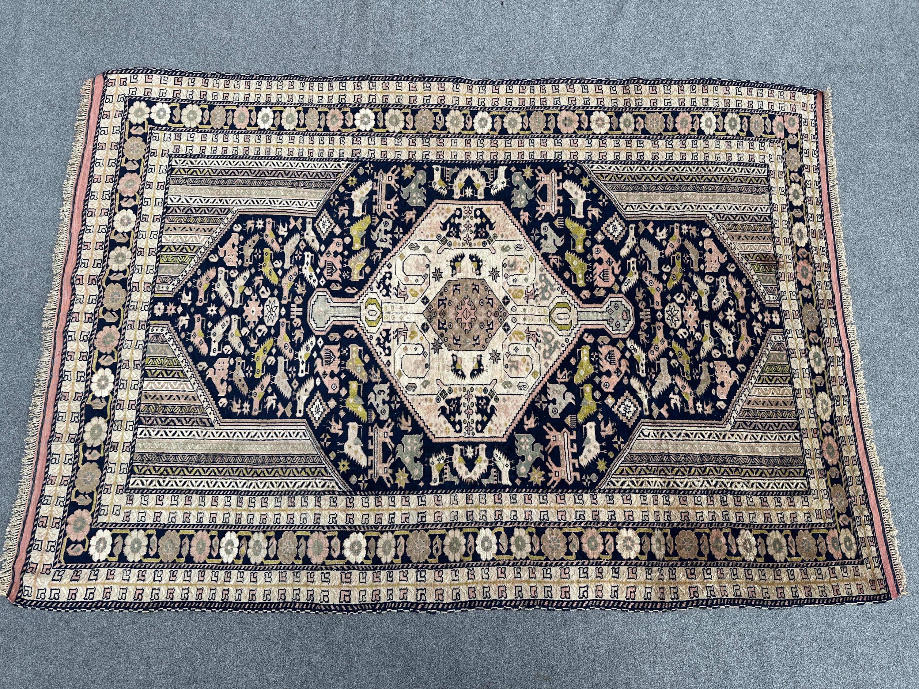 4'4x6'2 ft Semi Antique Kazak Rug | Hand Knotted Caucasian Wool Rug | Pictorial Chicken Animal Rug | Nomadic Art Carpet | Soft Pile Silk Rug