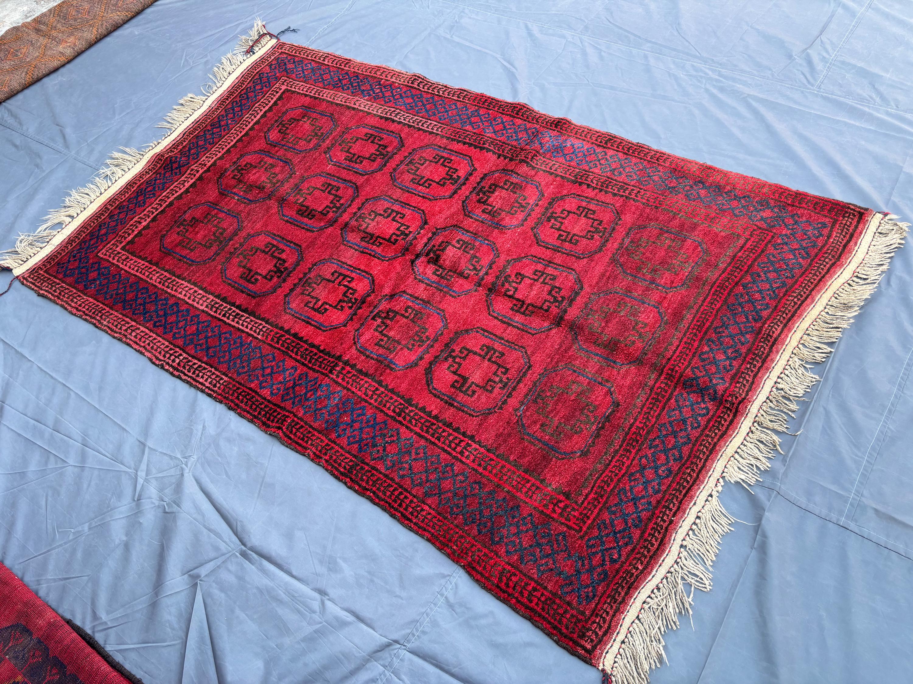 4'10 x 7'1 ft Vintage Afghan Baluchi Rug | Hand-Knotted Rug Red Navy Soft Pile Geometric Wool Carpet | Tribal Oriental Area Rug, Bedroom Rug