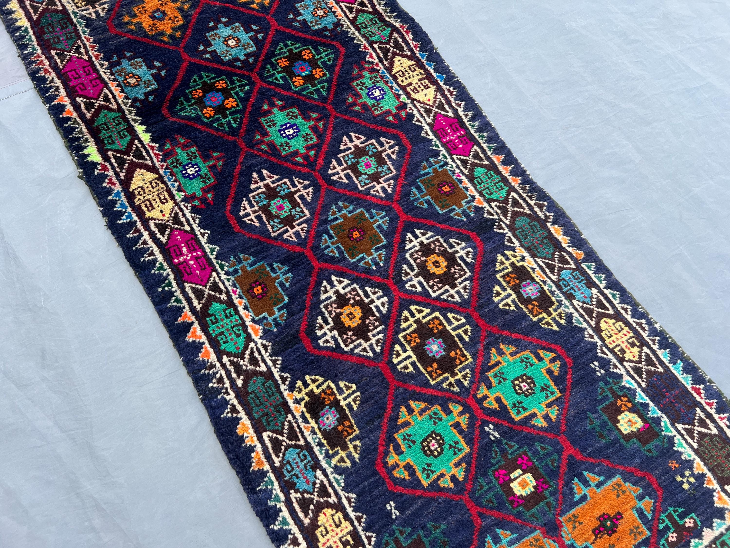 1'8 x 8'3 ft Vintage Afghan Hand Knotted Baluchi Runner Rug, Tribal Wool Carpet Narrow Corridor Rug, Geometric Pattern Hallway Rug, Decor