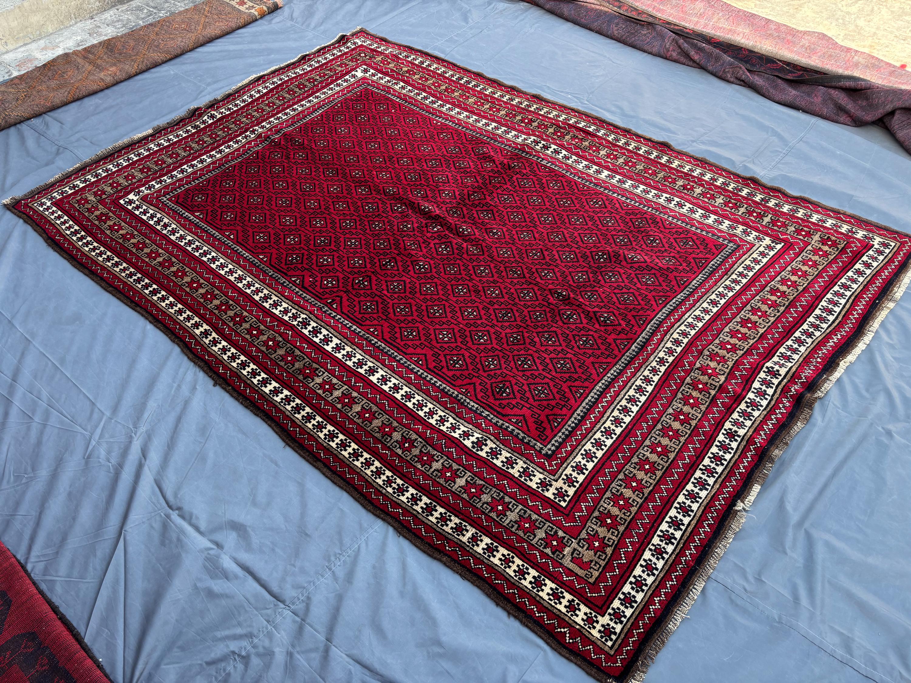 7 x 10 Vintage Afghan Baluchi Hand-Knotted Rug Red Cream Brown Caucasian Medallion Design Soft Silky Wool Rare Carpet | Living Room Rug
