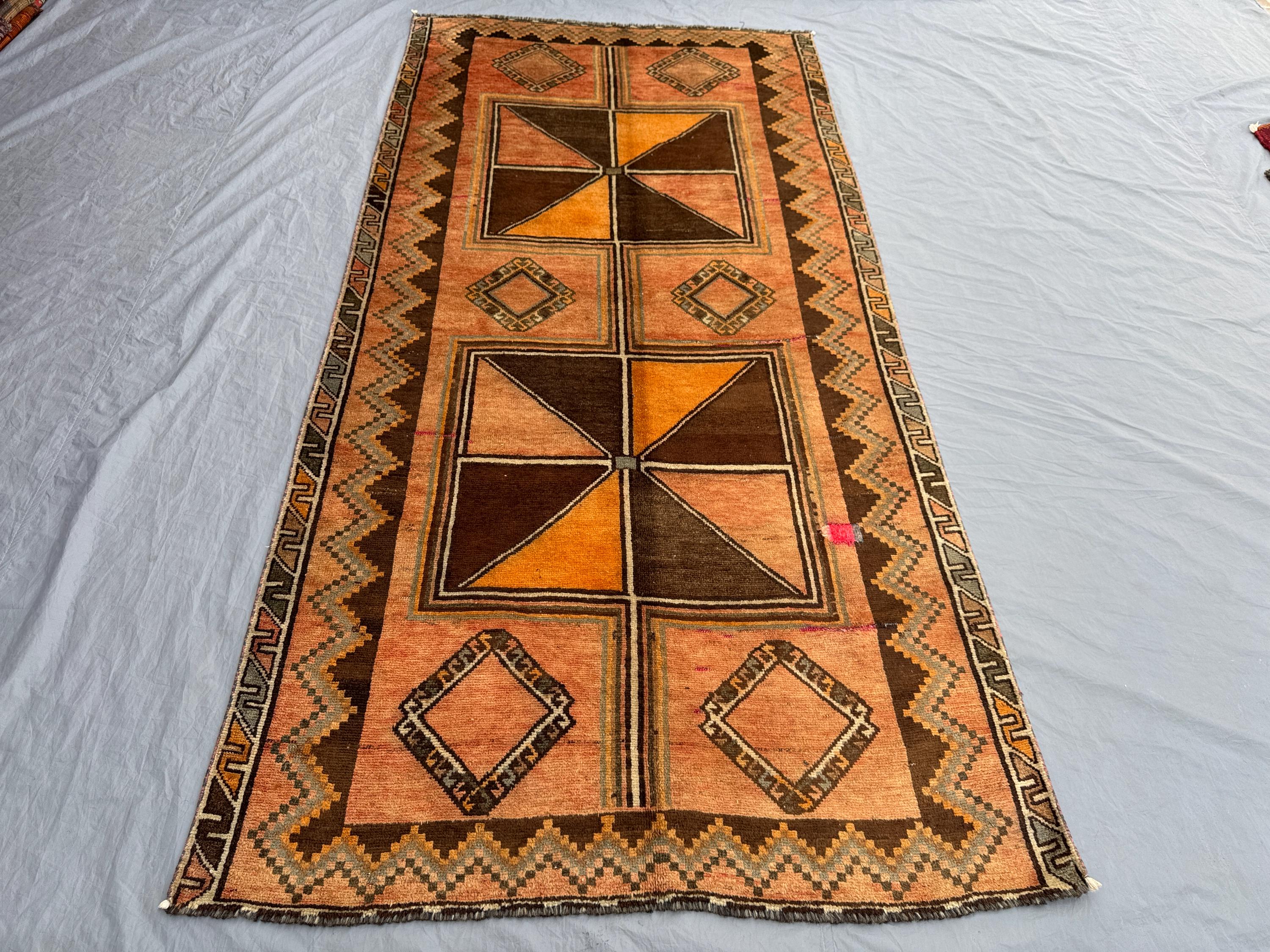 4'7x9'7 Vintage Turkish Inspired Caucasian Runner Rug, Hand Knotted Wool Carpet, Geometric Tribal Nomadic Design, Long Area Rug Kitchen rug