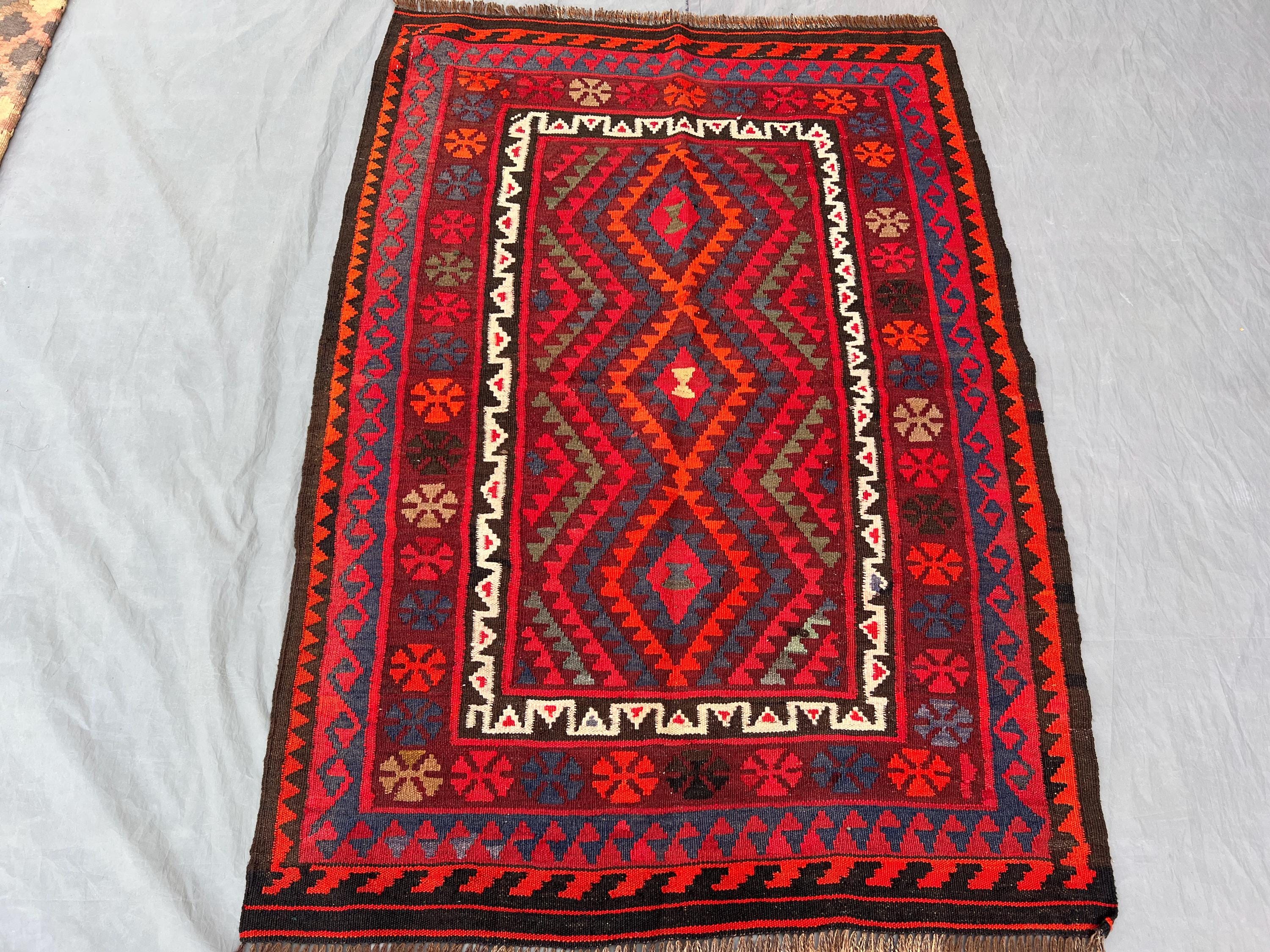 3'3" x 4'6" ft vintage Afghan Hand-Woven Kilim Rug, Rare One-of-a-Kind Maimana Design, Rich Red & Blue Colors
