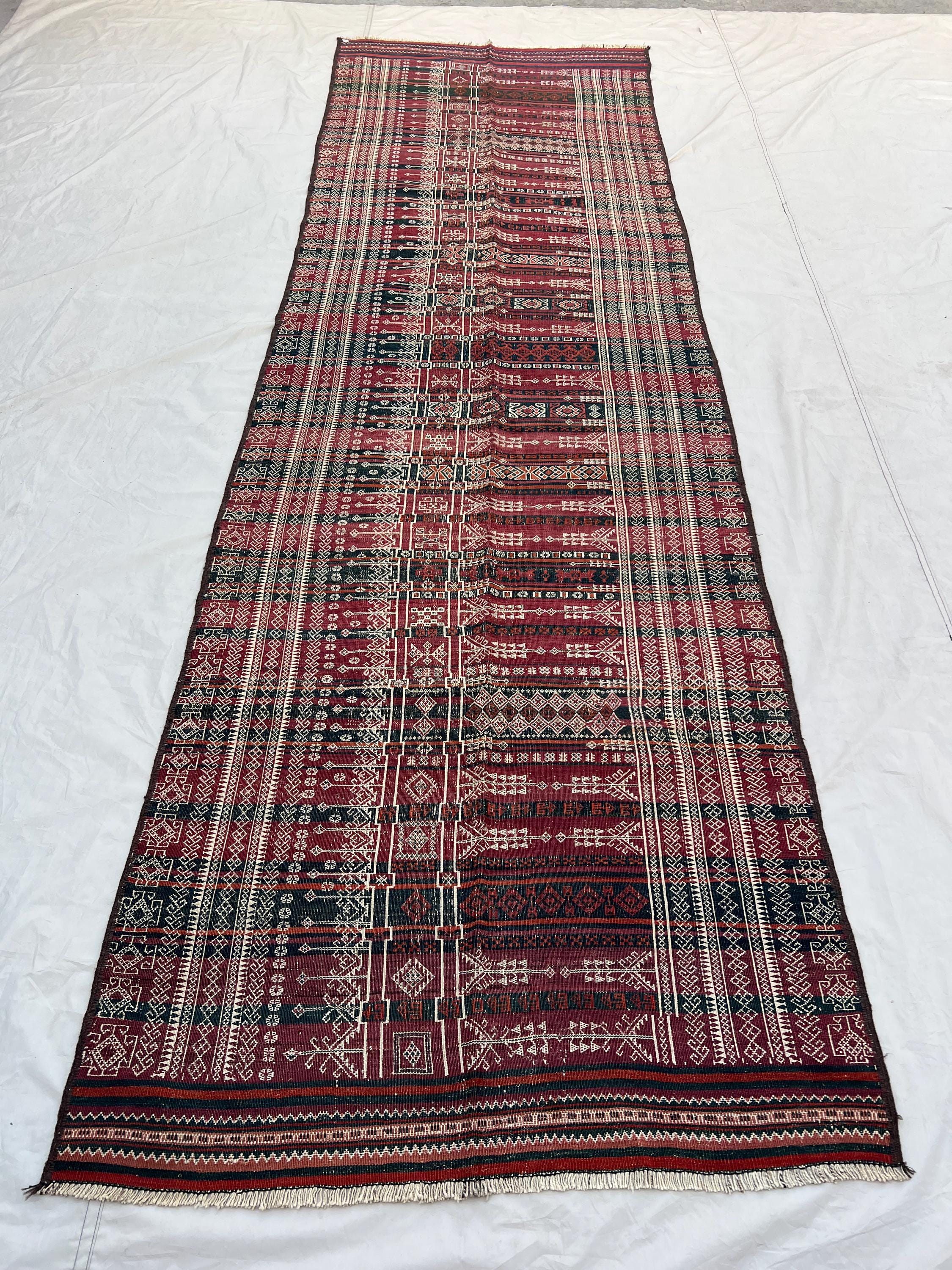4x13'3 ft Vintage Afghan Hand-Woven Wool Kilim Runner | Dense Geometric Stripe & Embroidered Band Repeat | Deep Burgundy