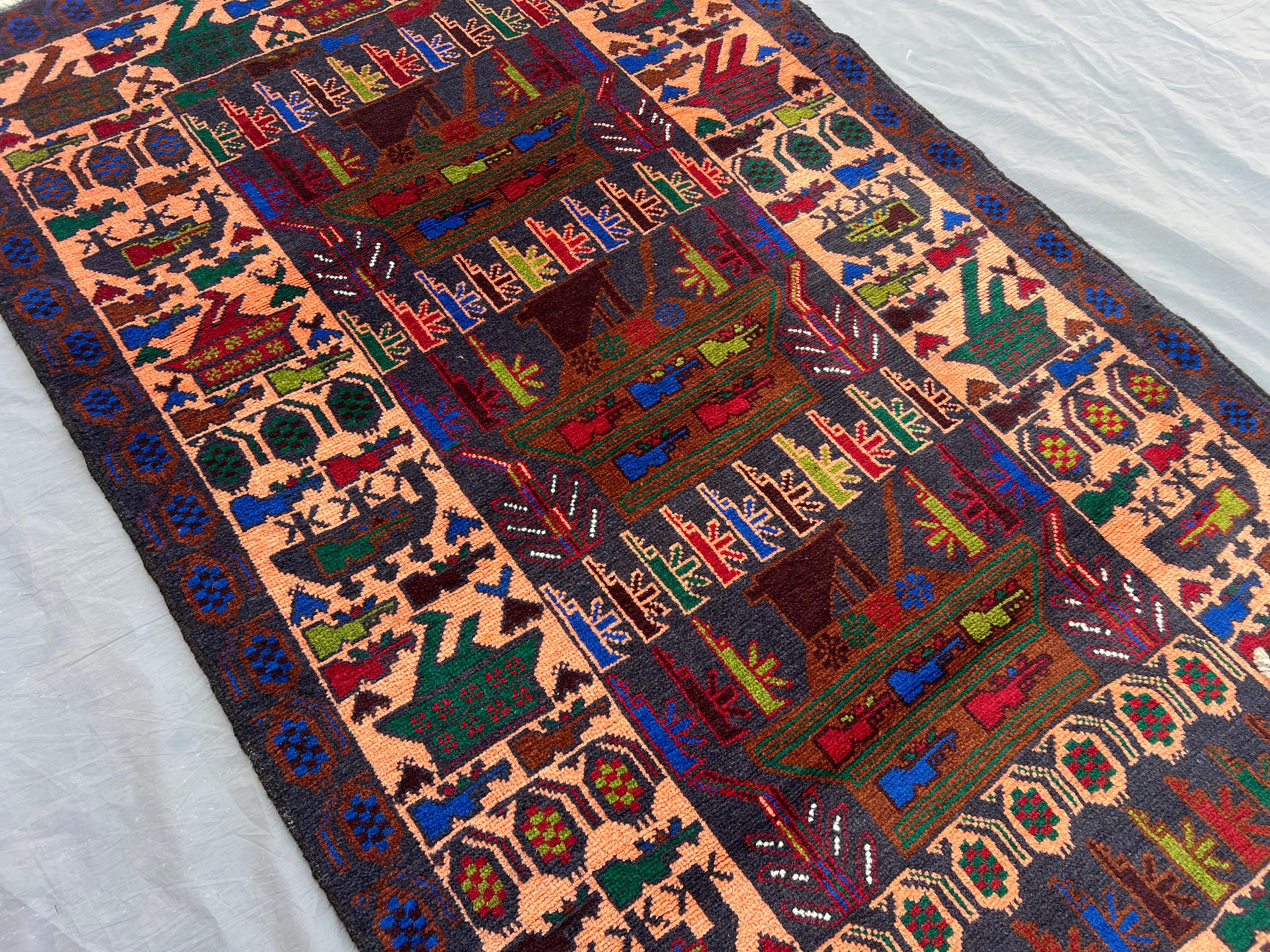 4 x 6'9 ft Vintage Afghan Baluchi War Rug | Hand Knotted Wool Carpet | Tribal Pictorial Design, Colorful One-o