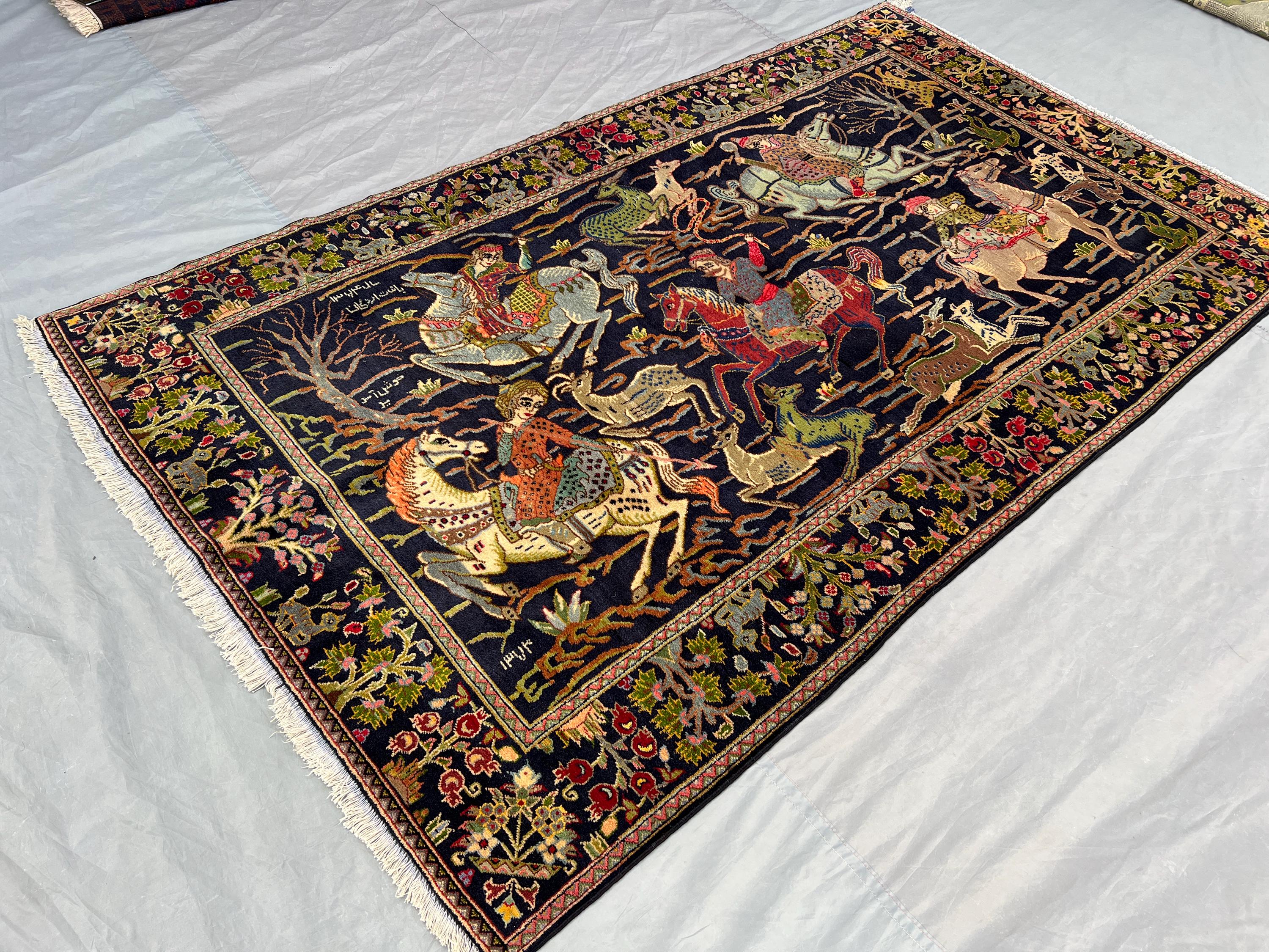 4'6 x 7'9 ft Black Vintage Afghan Rug, Hand-Knotted Pictorial Rug, Rare Hunting Scene Carpet, One of a Kind Ar