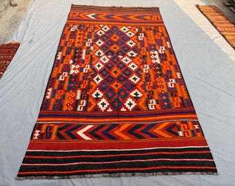 6'10x12'5  Antique Afghan Kilim Rug | Tribal Flat Weave Geometric Wool Rug, Vintage Carpet, Oversized Area Rug, Farmhouse Rug, Living Room