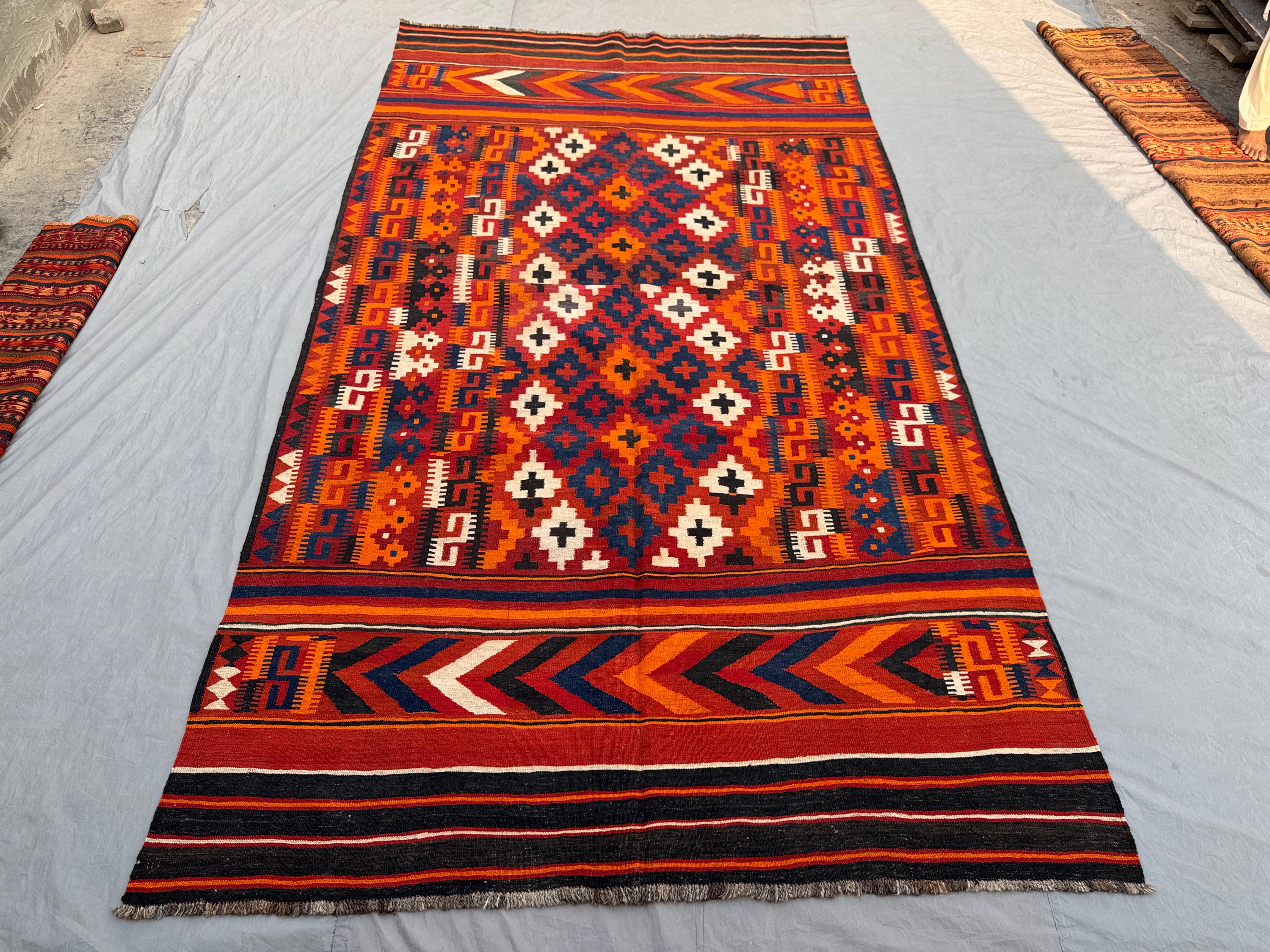 6'10x12'5 Antique Afghan Kilim Rug | Tribal Flat Weave Geometric Wool Rug, Vintage Carpet, Oversized Area Rug, Farmhouse Rug, Living Room