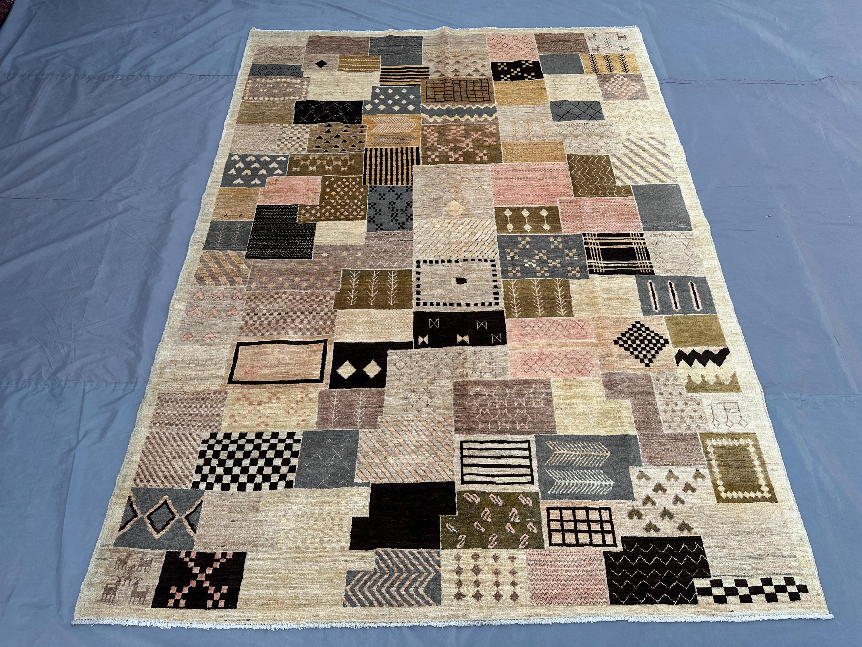 5'8"x7'9 ft, Afghan Hand Knotted Oushak Rug, Modern Wool Pictorial Area Rug, Multicolor Geometric Design, Livi