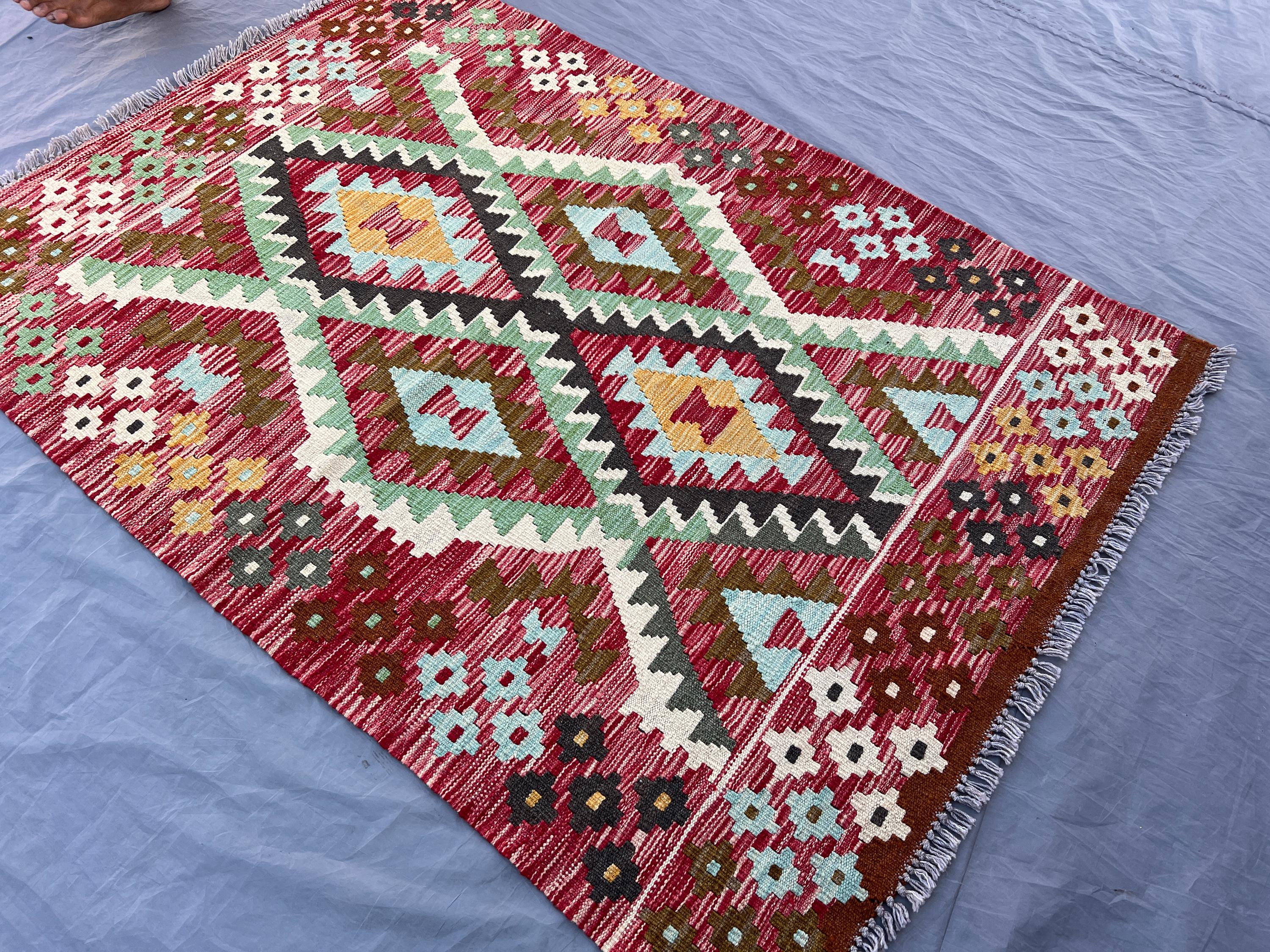 3.5x5.0 ft, Afghan Kilim Rug | Handmade Wool Flat Weave Carpet | Tribal Geometric Pattern | Boho Colorful Accent Rug | Small Oriental Decor