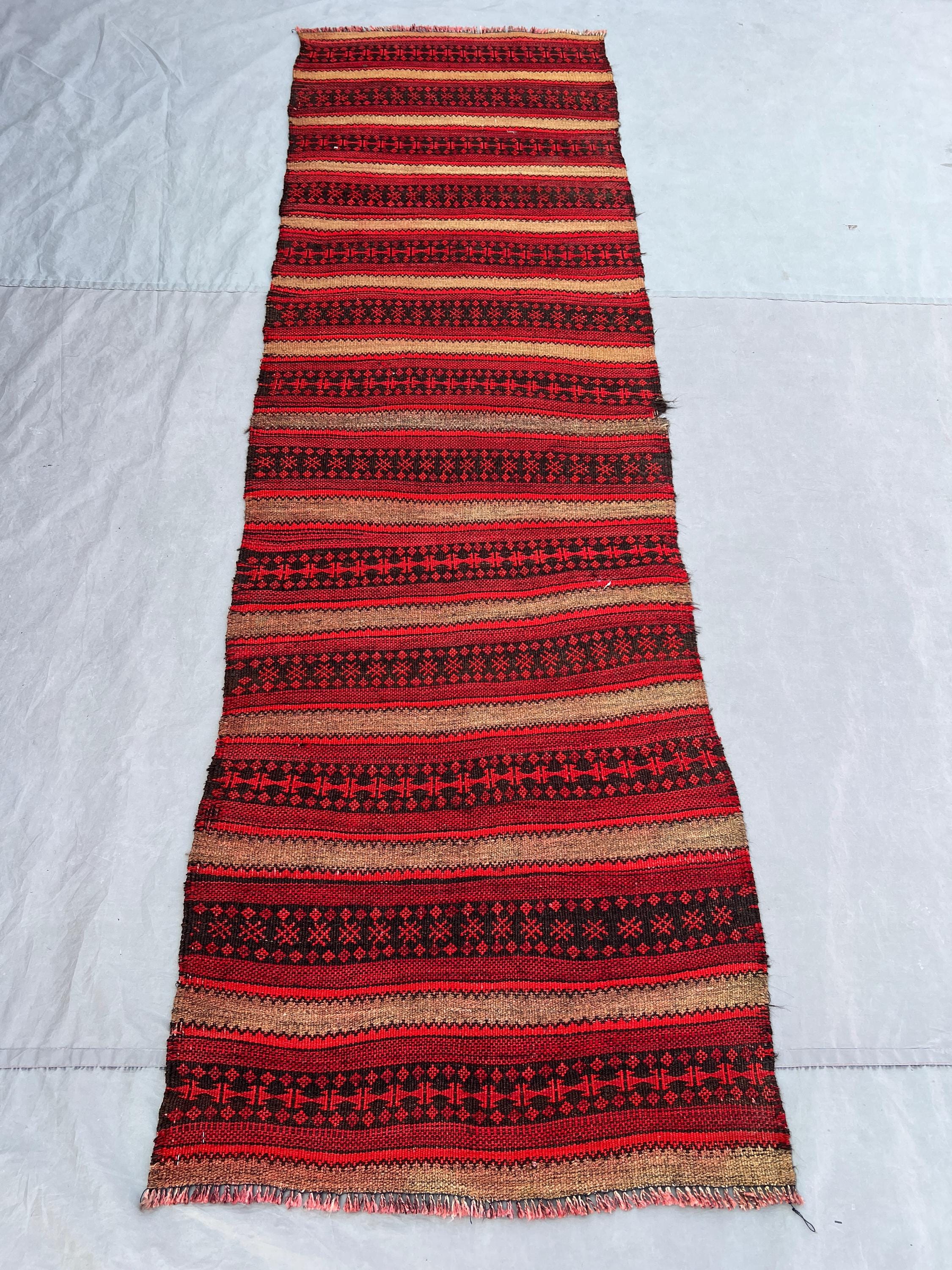 2.7x8.5 ft Vintage Afghan Runner, Handwoven Wool, Striped Design with Geometric Motifs, Flat Weave, Handknotted, Ideal for Hallway, Entryway