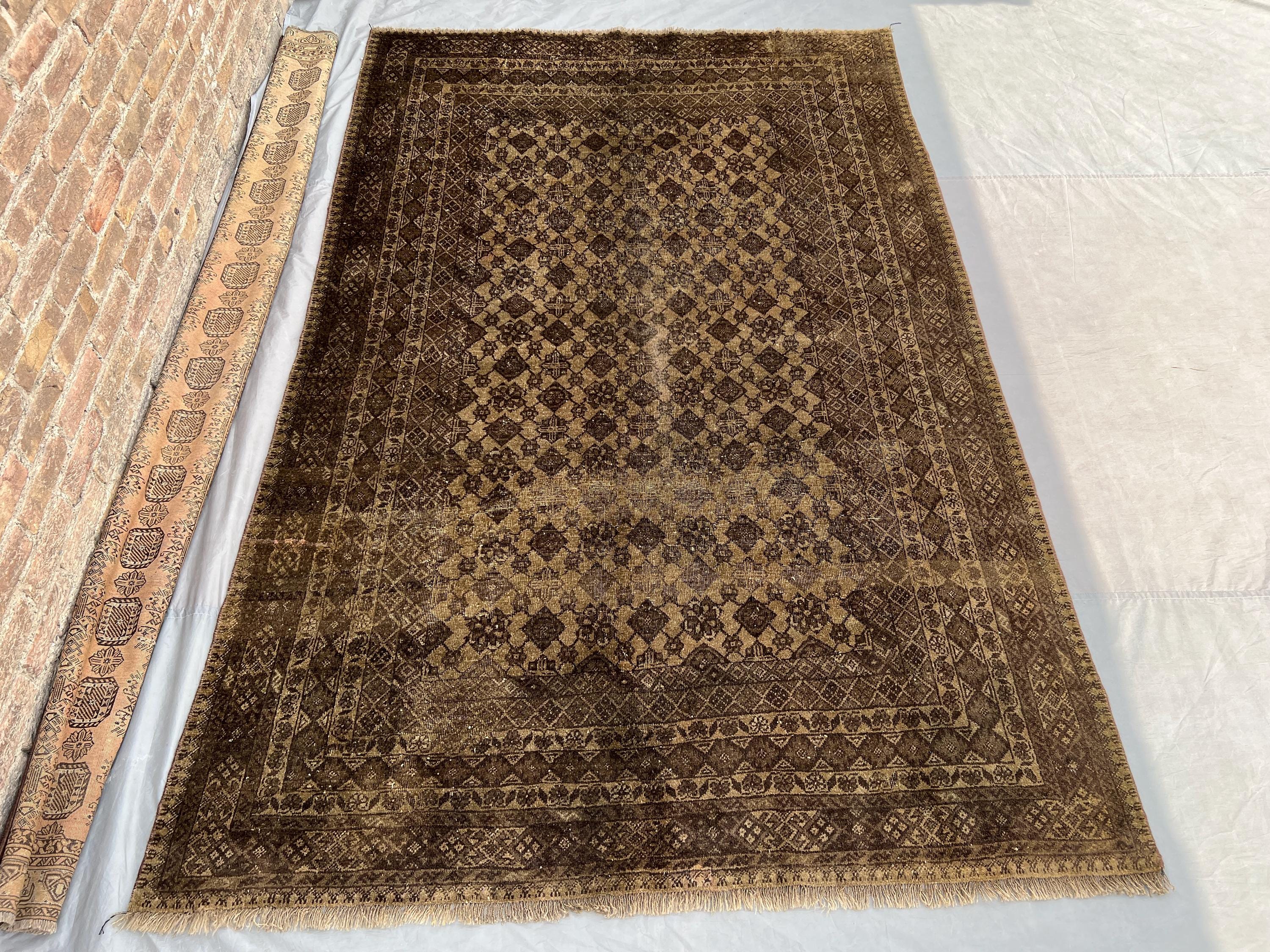 6x10 Antique Distressed Rug, No Pile Terracotta Faded Carpet | Geometric Pattern | Boho Living Room or Bedroom Area Rug, Turkmen bashiri rug