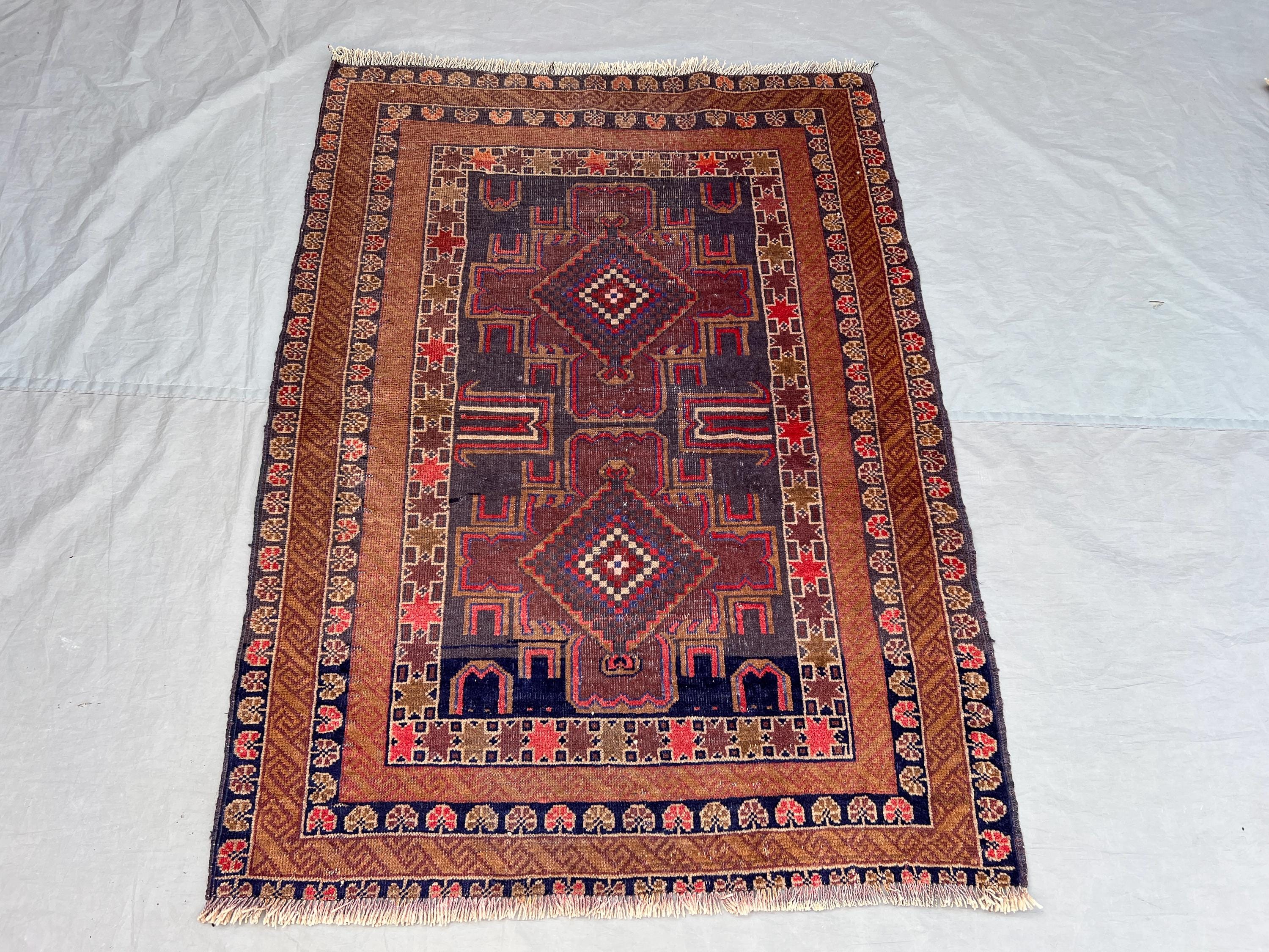 3'5x4'7 ft Vintage Afghan Pile Rug | Handknotted Tribal Double Diamond Medallion | Dark Aubergine & Warm Copper Wool | Accent Rug Entryway