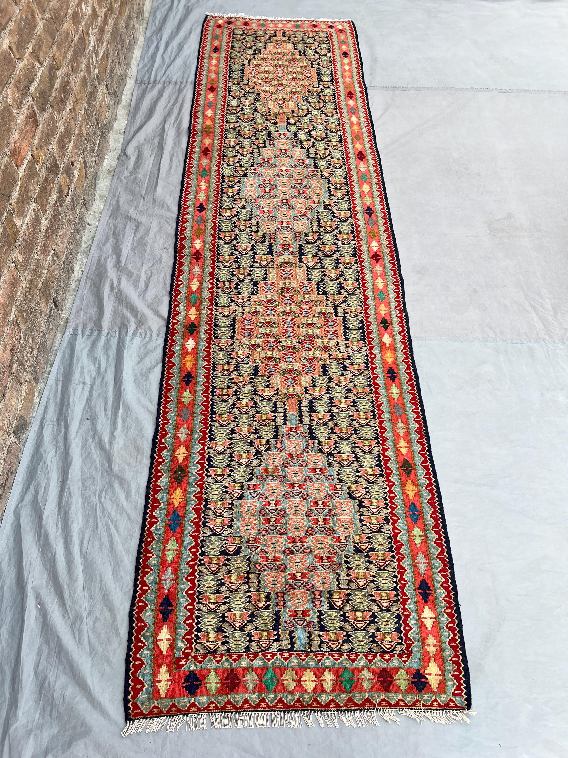 2'7x9'11 Vintage Afghan Flat Woven Wool Kilim Runner Navy Dense All Over Coral Pink Floral Boteh Multicolor Tribal Boho Hallway Carpet
