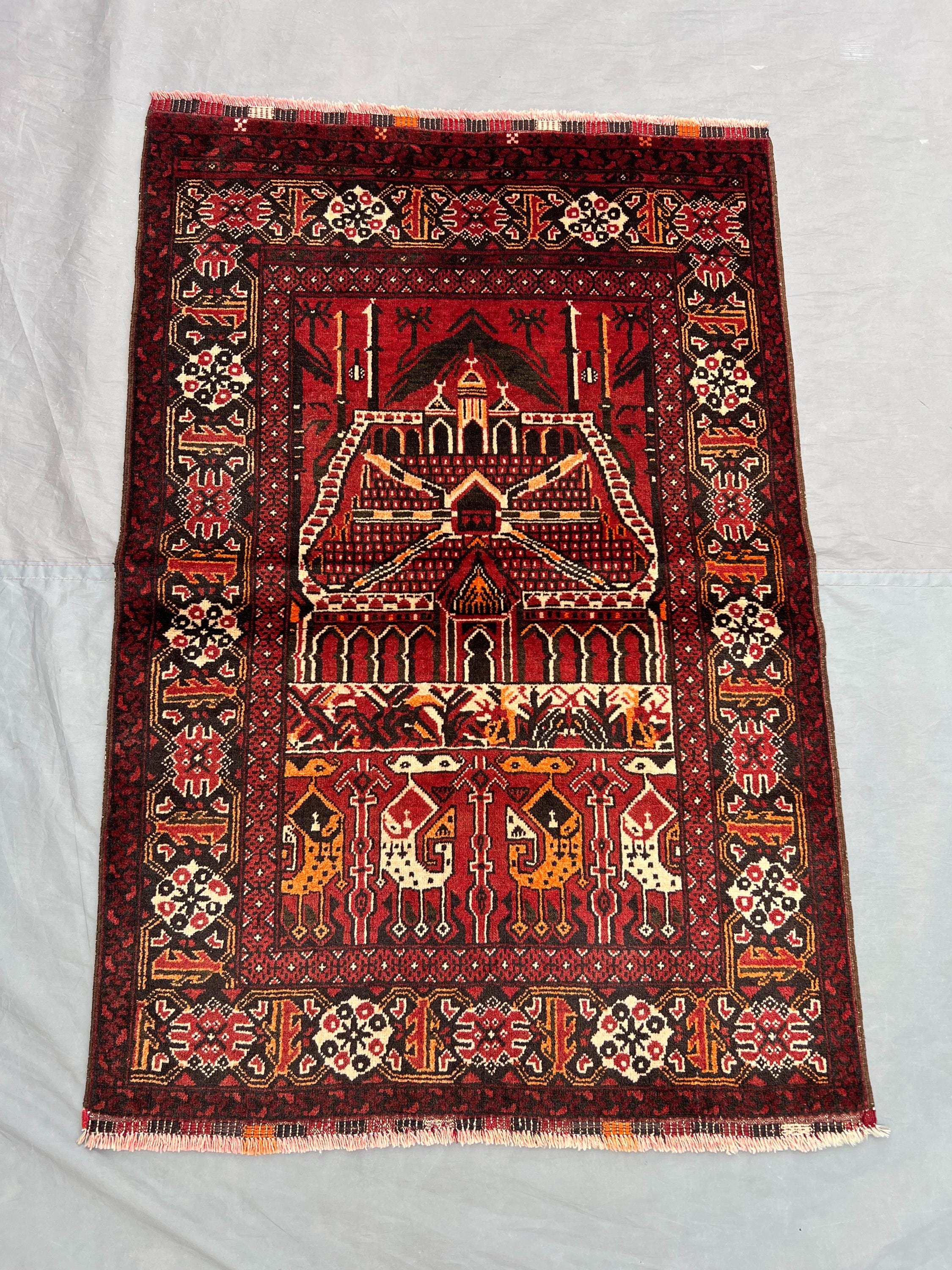 3 x 4 ft Afghan Hand Knotted Vintage Balochi Rug Soft Wool Pile Red Brown Tribal Animal Design One Of A Kind Prayer Rug | Bedroom decor